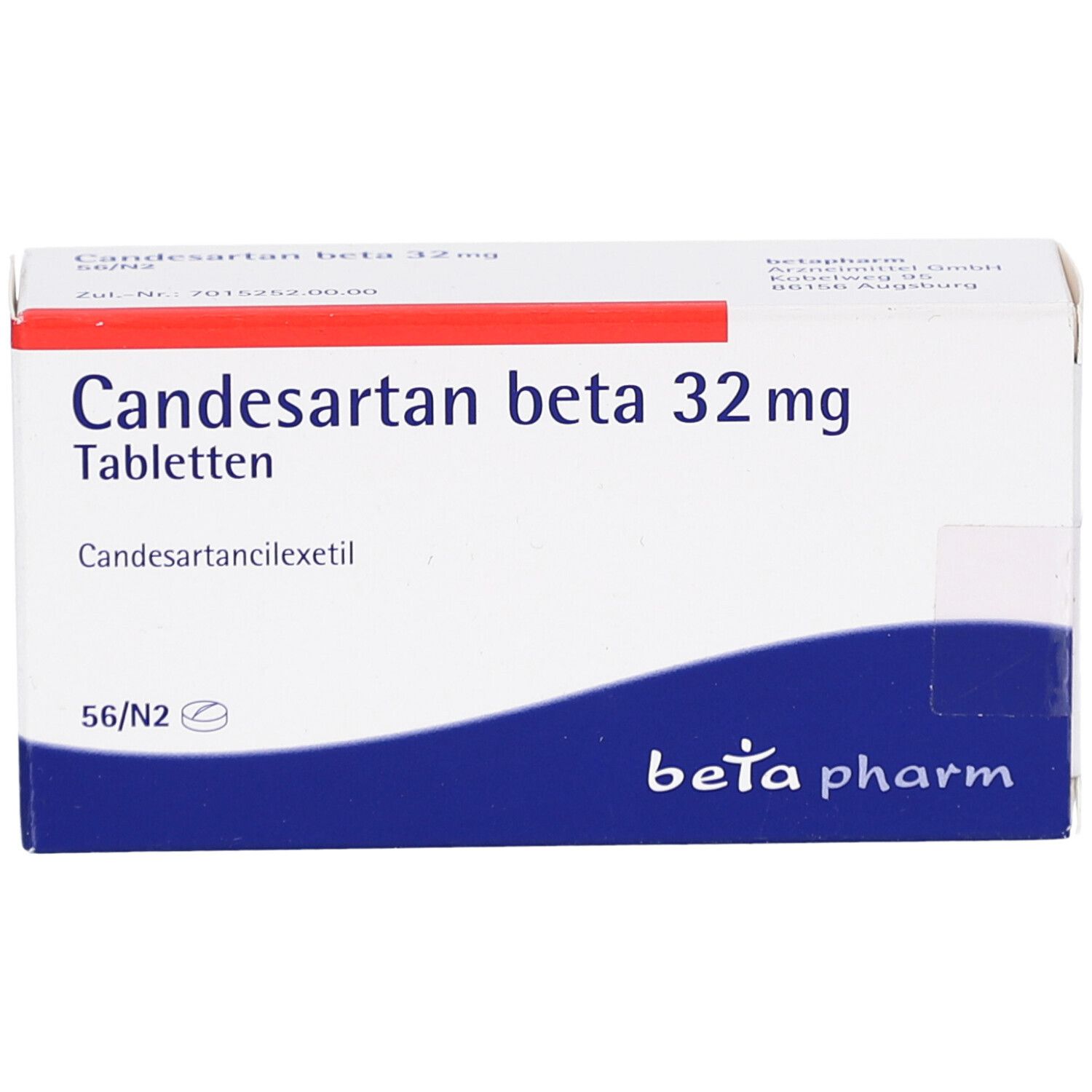 Candesartan beta 32 mg Tabletten-Packung. Weißer Karton mit blauer und roter Schrift. Hersteller: beta pharm.