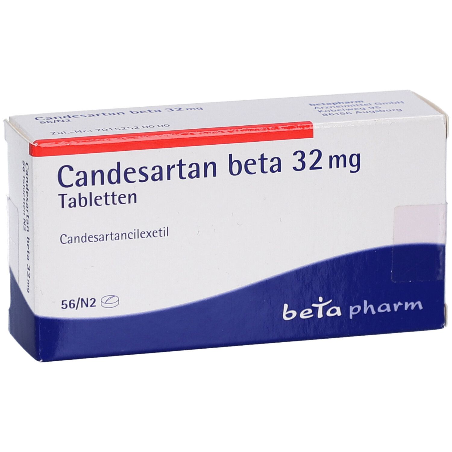 Candesartan beta 32 mg Tabletten-Packung. Weißer Karton mit blauer und roter Schrift. Hersteller: beta pharm.