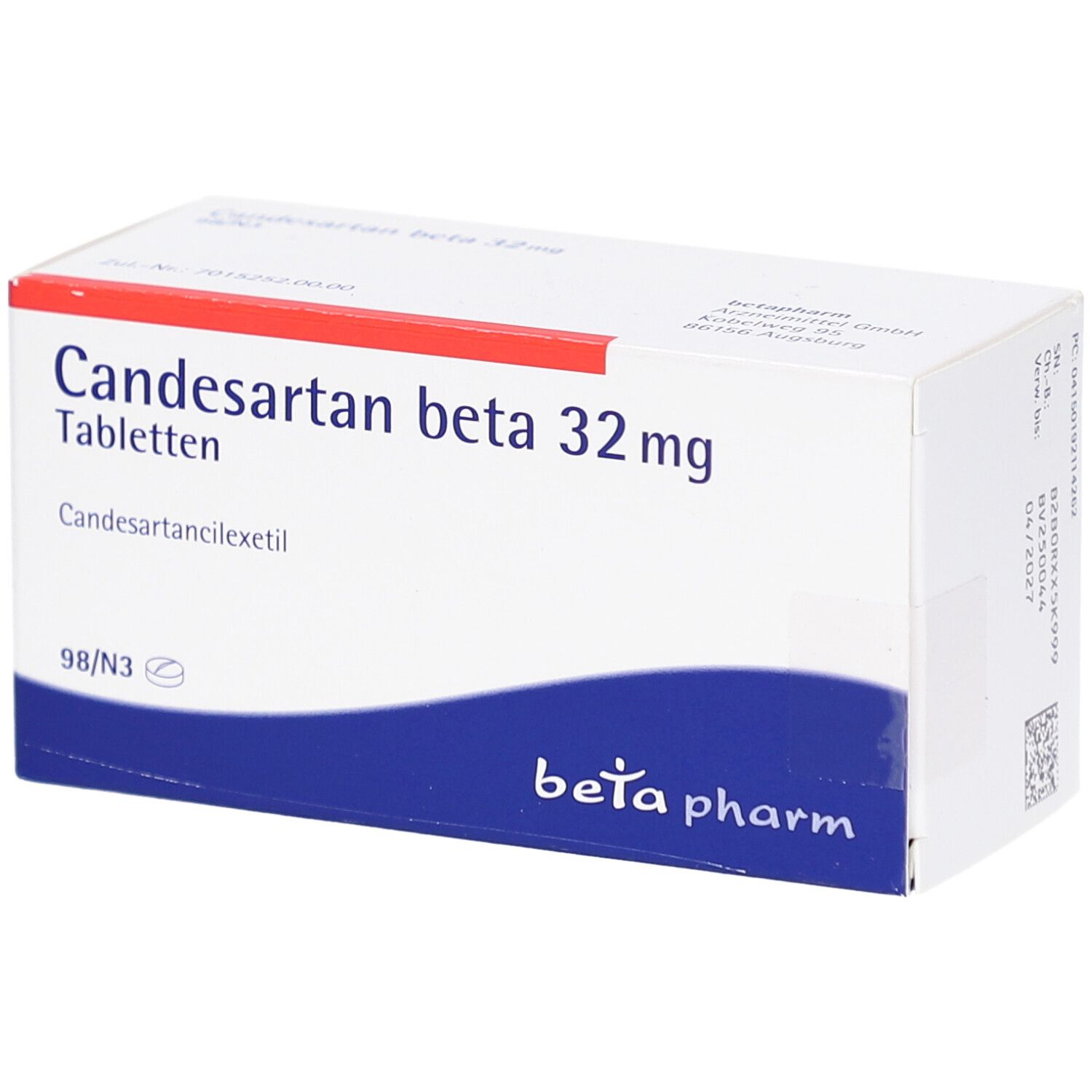 Weiße Tablettenbox mit rotem Streifen. Aufschrift: Candesartan beta 32 mg Tabletten. Marke: beta pharm.