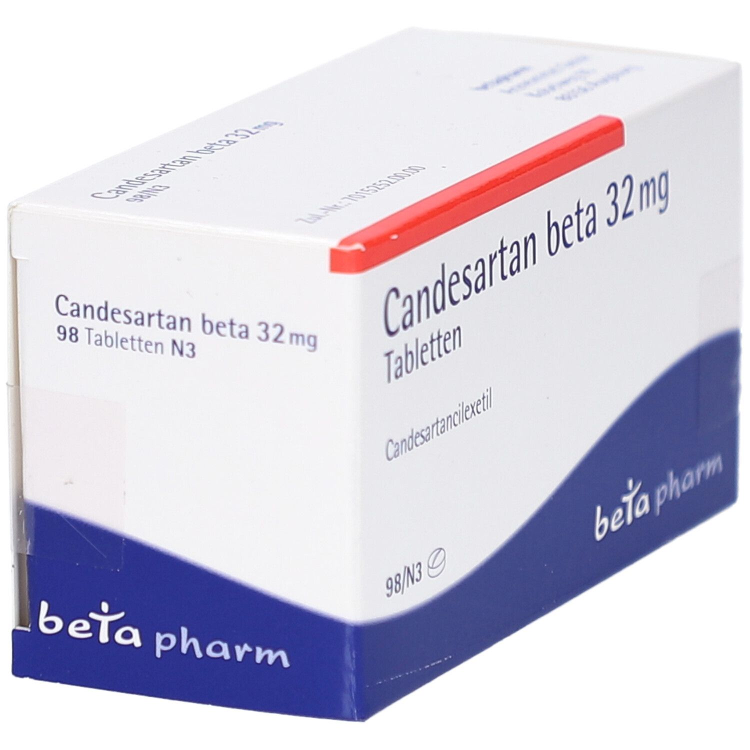 Schräg gestellte Tablettenbox. Aufschrift: Candesartan beta 32 mg Tabletten. Marke: beta pharm. Blaue und rote Akzente.
