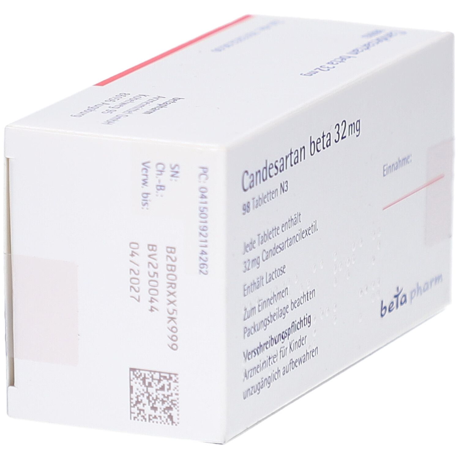 Tablettenbox mit Aufdrucken. Aufschrift: Candesartan beta 32 mg Tabletten. Marke: beta pharm. Mit Verfallsdatum.
