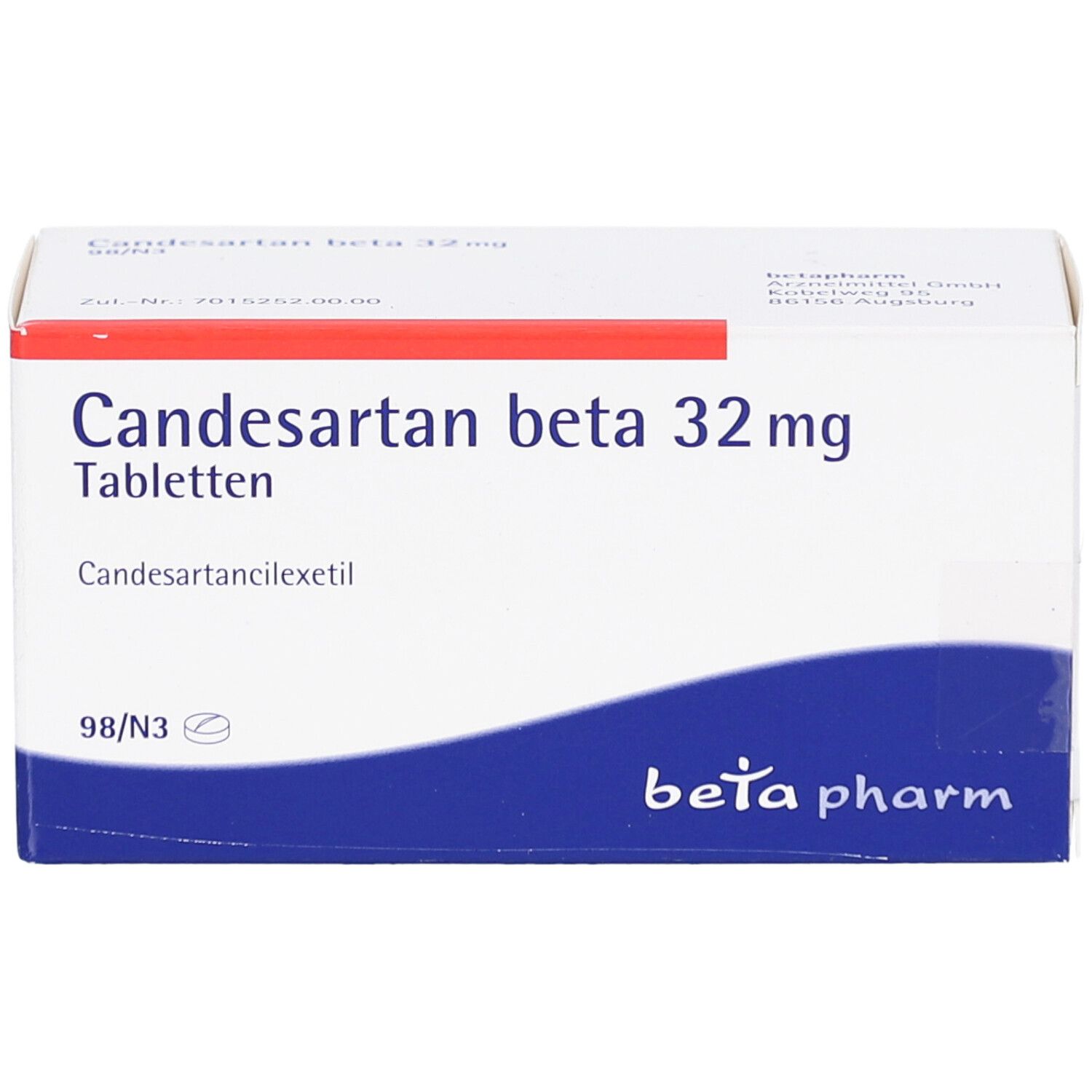 Tablettenbox mit Aufschrift: Candesartan beta 32 mg Tabletten. Marke: beta pharm. Blaue und rote Akzente. 98 Tabletten.