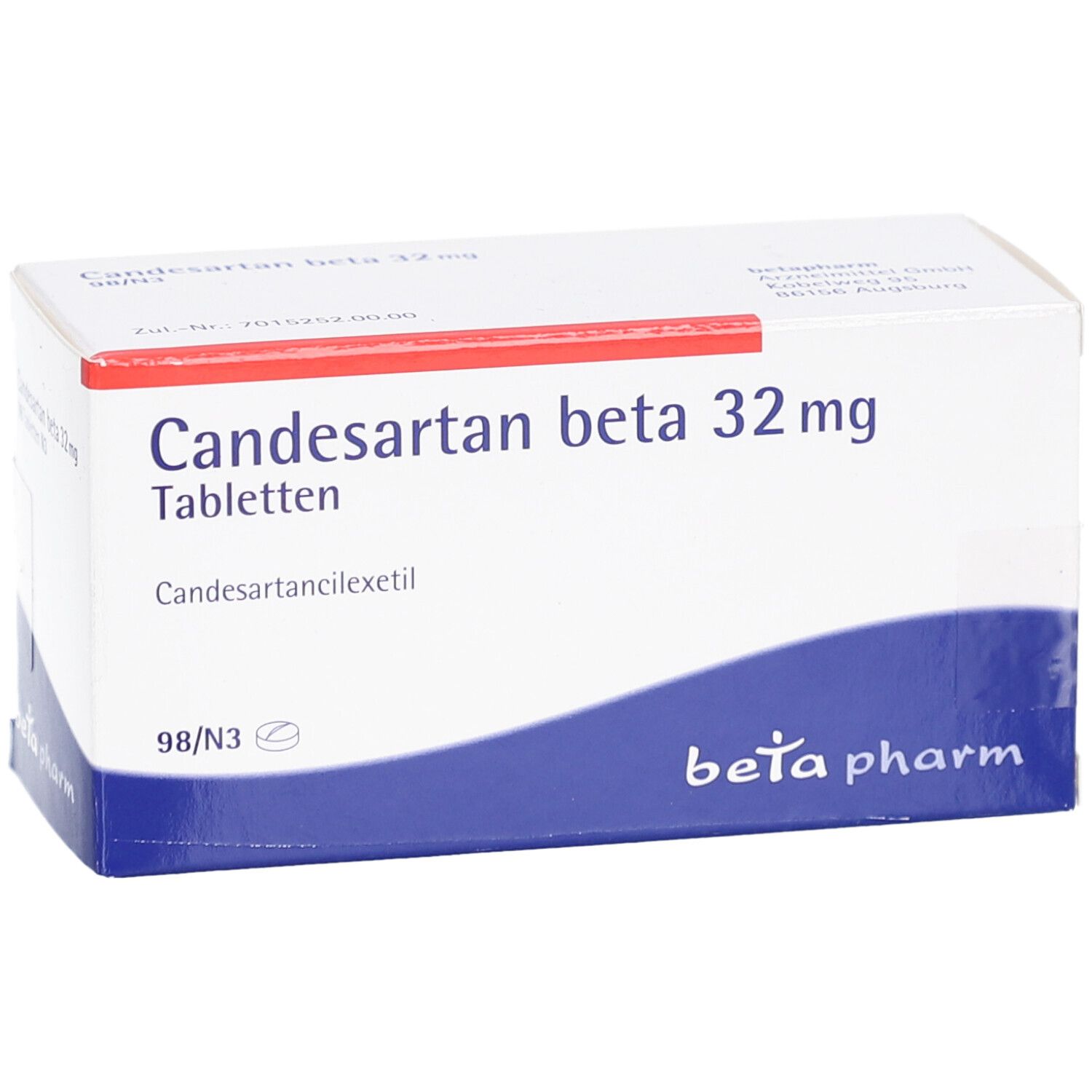 Tablettenbox mit Aufschrift: Candesartan beta 32 mg Tabletten. Marke: beta pharm. Blaue und rote Akzente. 98 Tabletten.