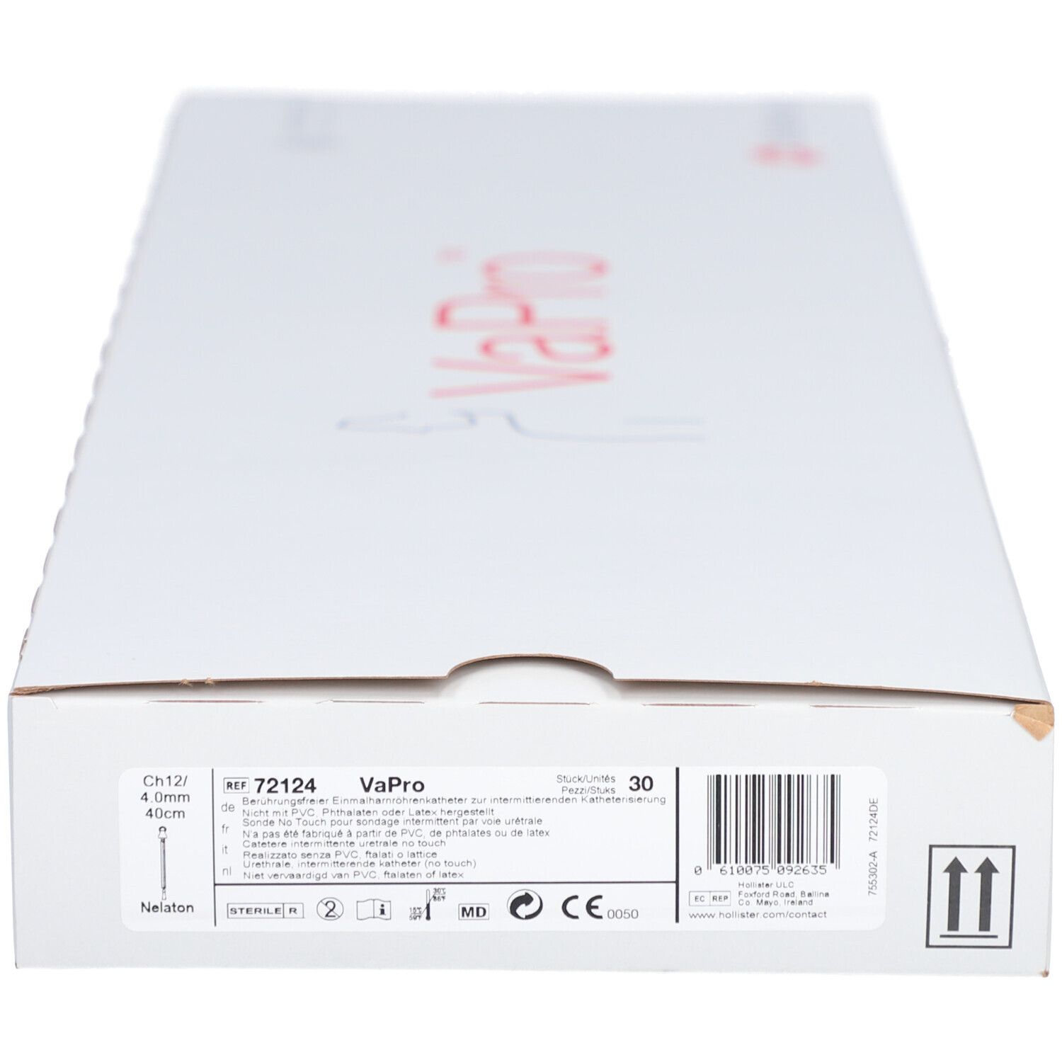 Weiße Verpackung mit rotem VaPro-Schriftzug. Produktinformationen und Barcode. CE-Kennzeichnung.