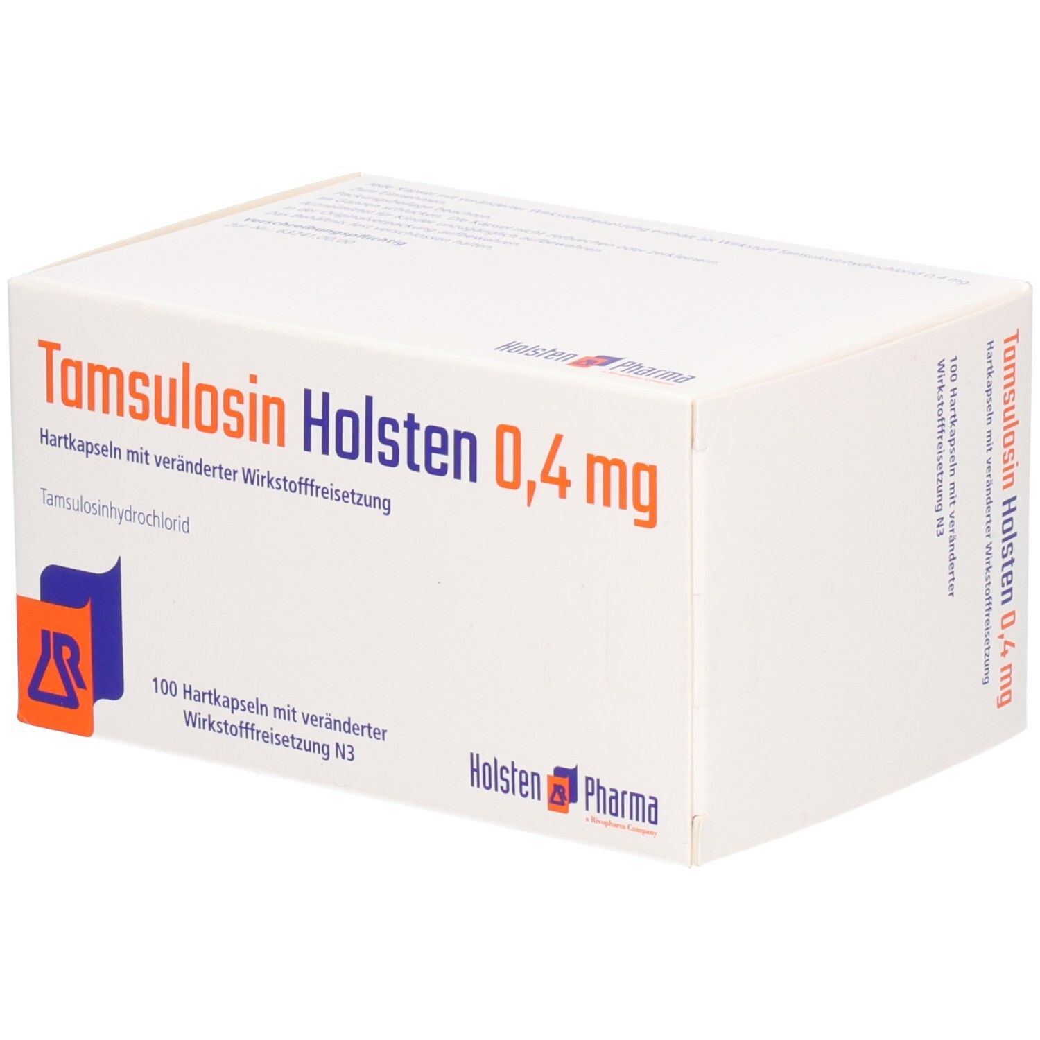 Tamsulosin Holsten 0,4 mg Packung. Weiße Schachtel mit blauer und oranger Grafik. Text: 100 Hartkapseln.