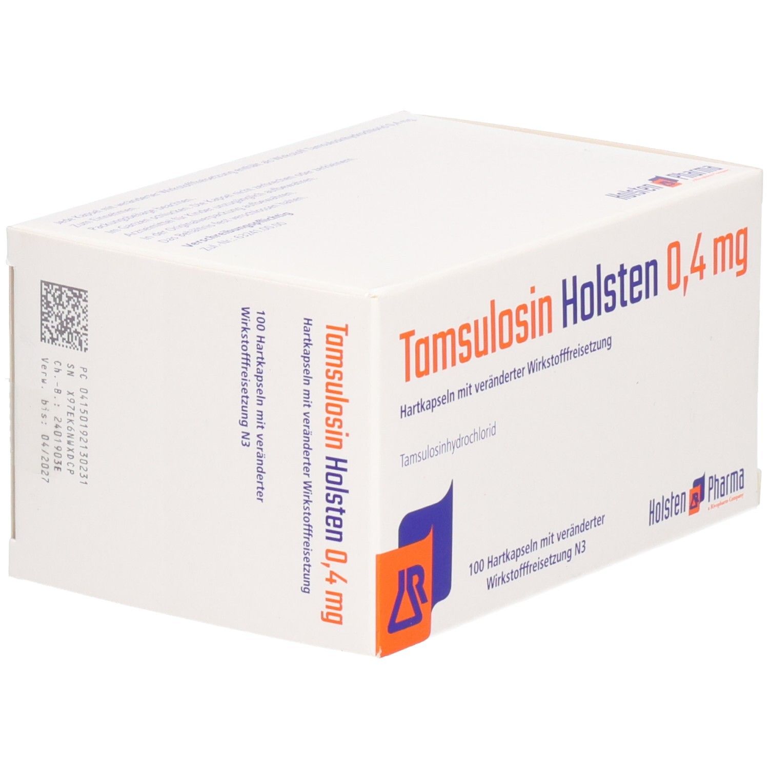 Tamsulosin Holsten 0,4 mg Packung. Weiße Schachtel mit blauer und oranger Grafik. Text: 100 Hartkapseln.