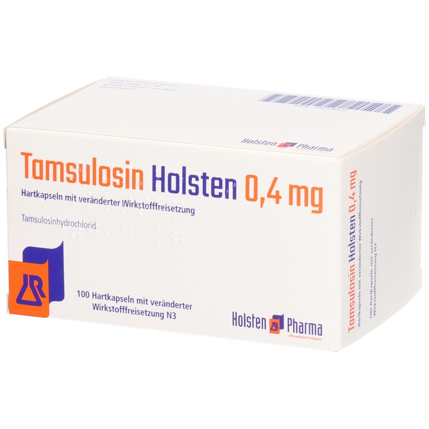 Tamsulosin Holsten 0,4 mg Packung. Weiße Schachtel mit blauer und oranger Grafik. Text: 100 Hartkapseln.