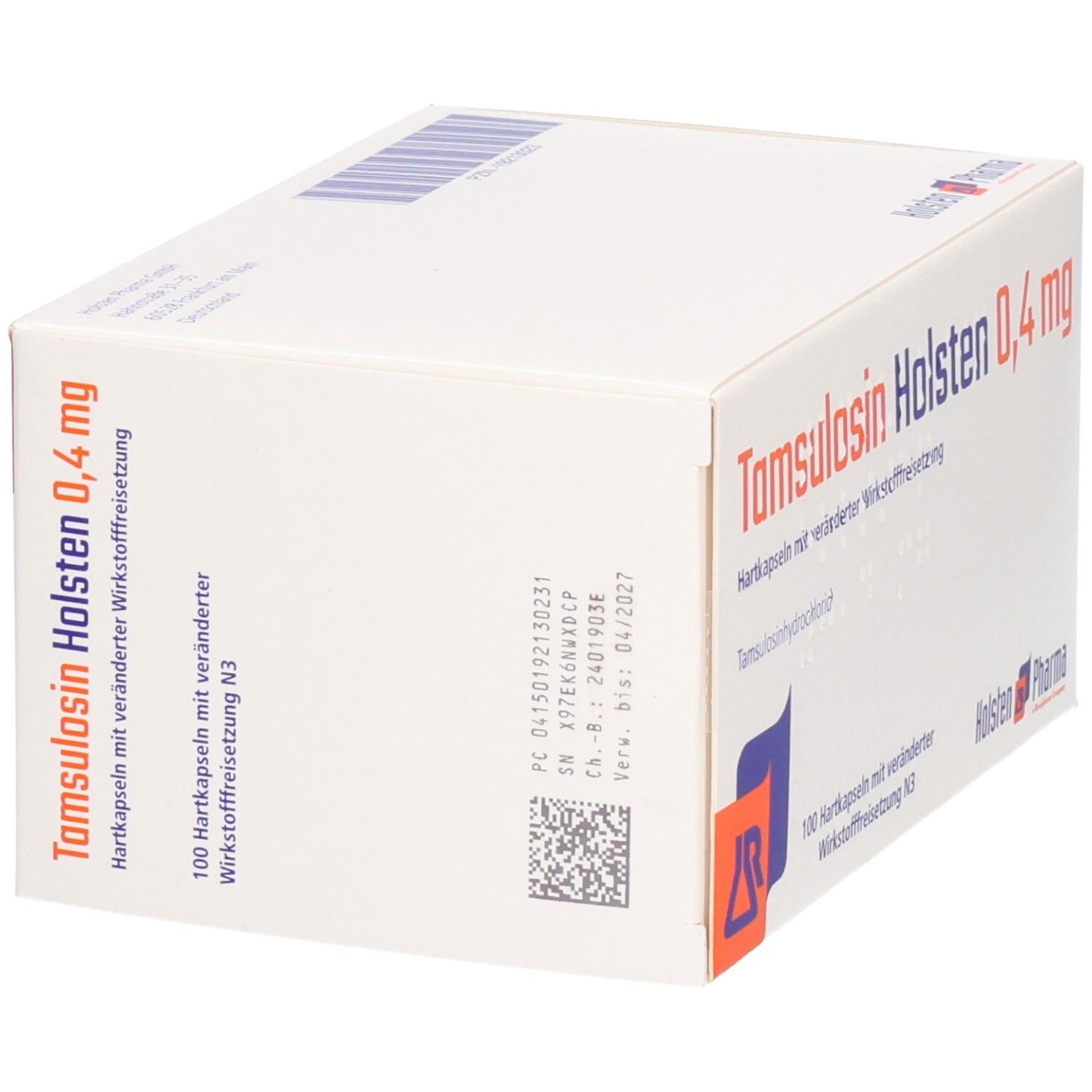 Tamsulosin Holsten 0,4 mg Packung. Weiße Schachtel mit blauer und oranger Grafik. Text: 100 Hartkapseln.