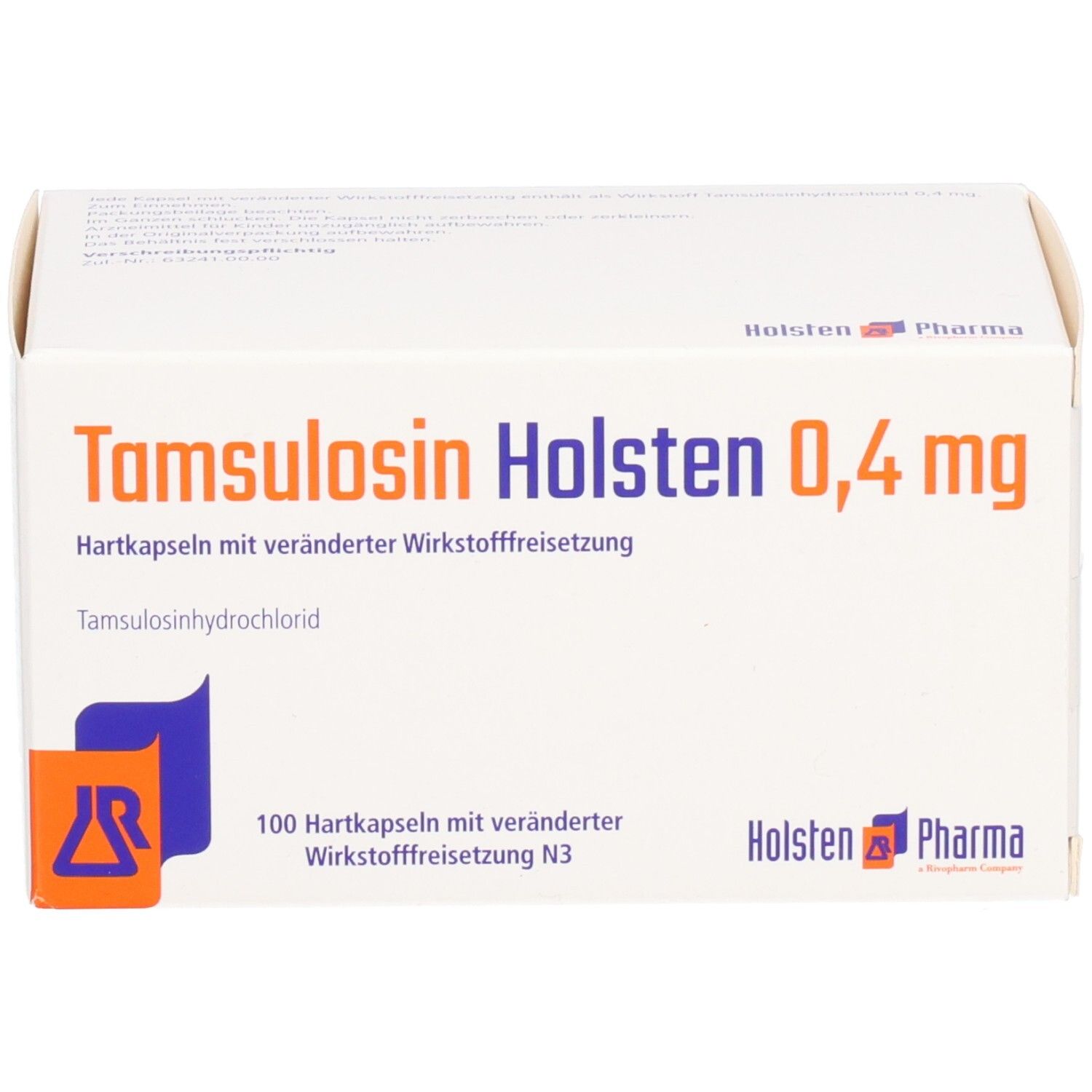 Tamsulosin Holsten 0,4 mg Packung. Weiße Schachtel mit blauer und oranger Grafik. Text: 100 Hartkapseln.