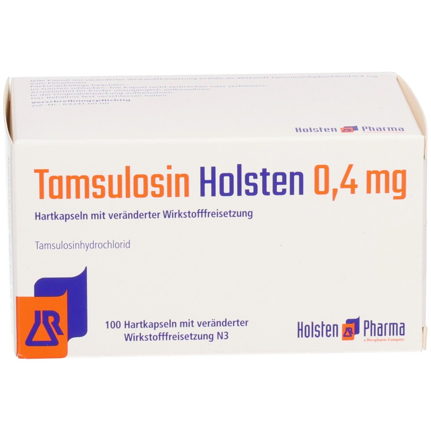 Tamsulosin Holsten 0,4 mg Packung. Weiße Schachtel mit blauer und oranger Grafik. Text: 100 Hartkapseln.