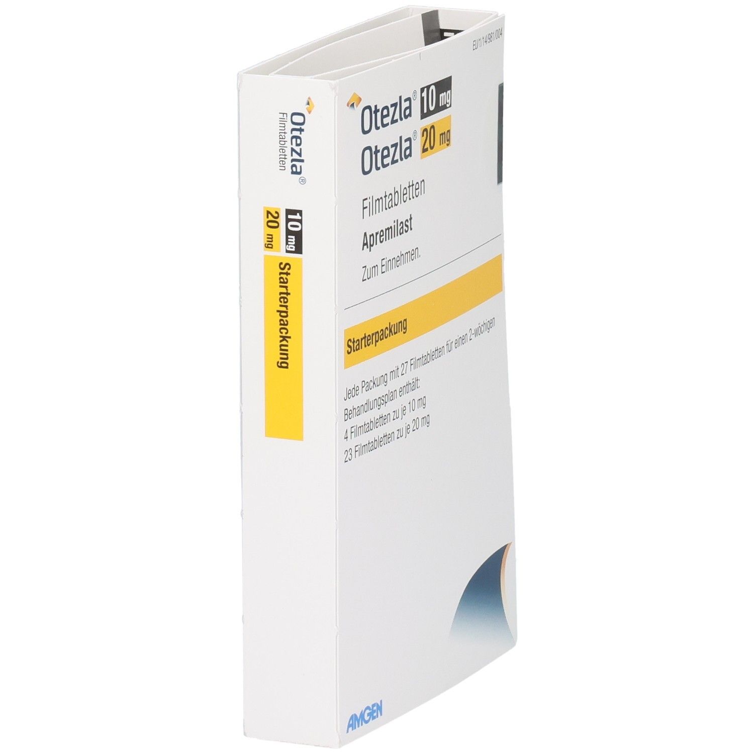 Otezla 10 mg/20 mg Filmtabletten Starterpackung. Weiße Schachtel, gelbe Akzente. Text: Otezla, Apremilast, Starterpackung, Amgen.
