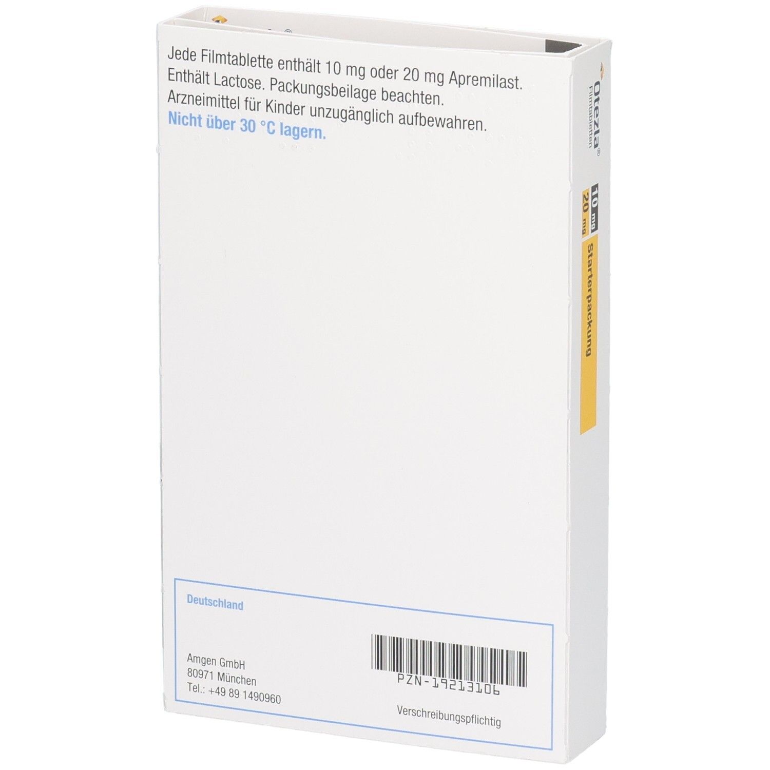 Rückseite der Otezla 10 mg/20 mg Filmtabletten Starterpackung. Weiße Schachtel. Text: Otezla, Apremilast, Amgen, PZN-31213106.