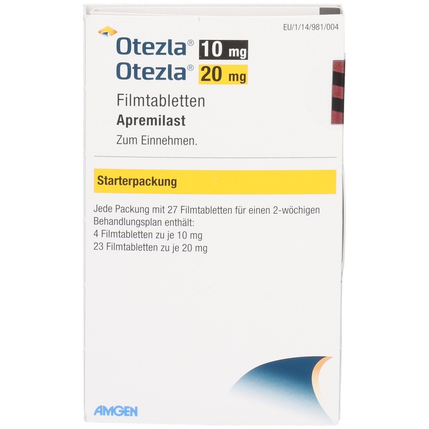 Otezla 10 mg/20 mg Filmtabletten Starterpackung. Weiße Schachtel mit gelben Akzenten. Text: Otezla, Apremilast, Starterpackung, Amgen.