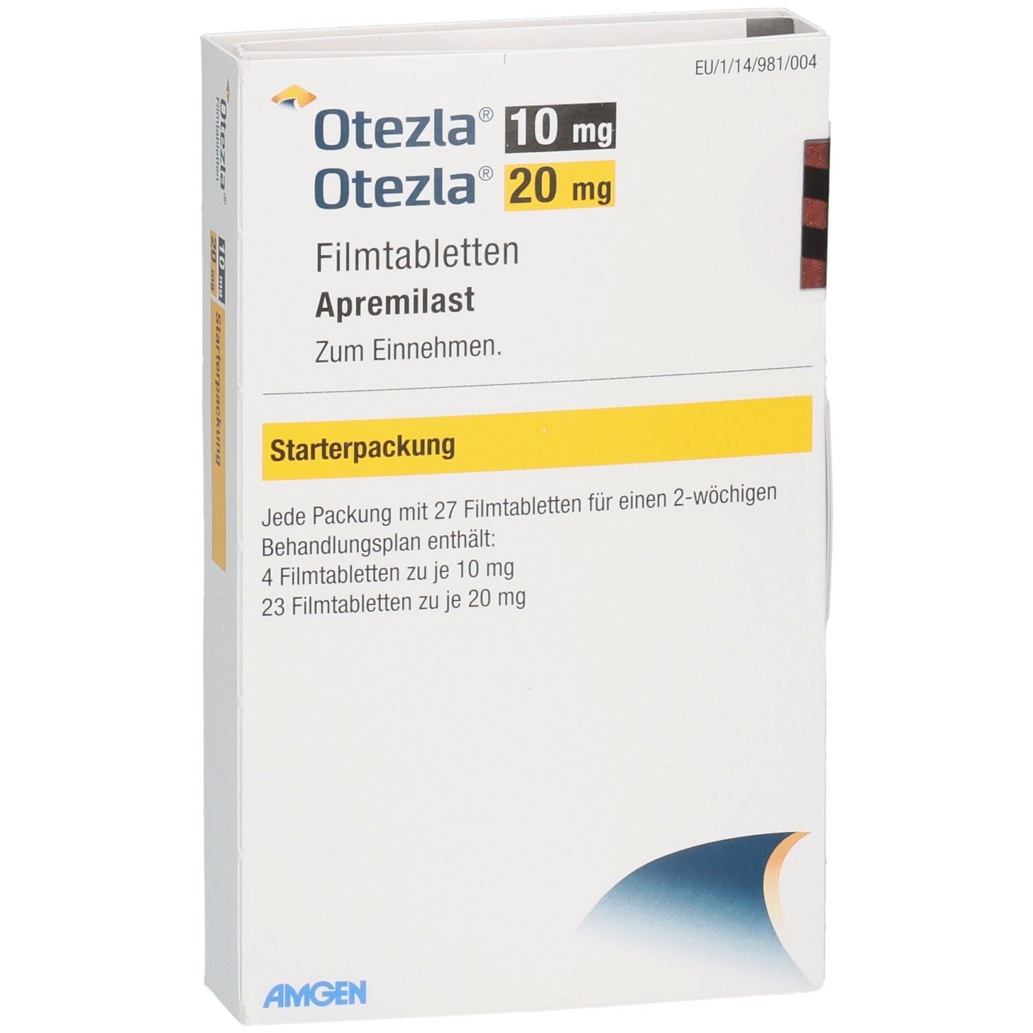 Otezla 10 mg/20 mg Filmtabletten Starterpackung. Weiße Schachtel mit gelben Akzenten. Text: Otezla, 10 mg, 20 mg, Starterpackung, Apremilast.