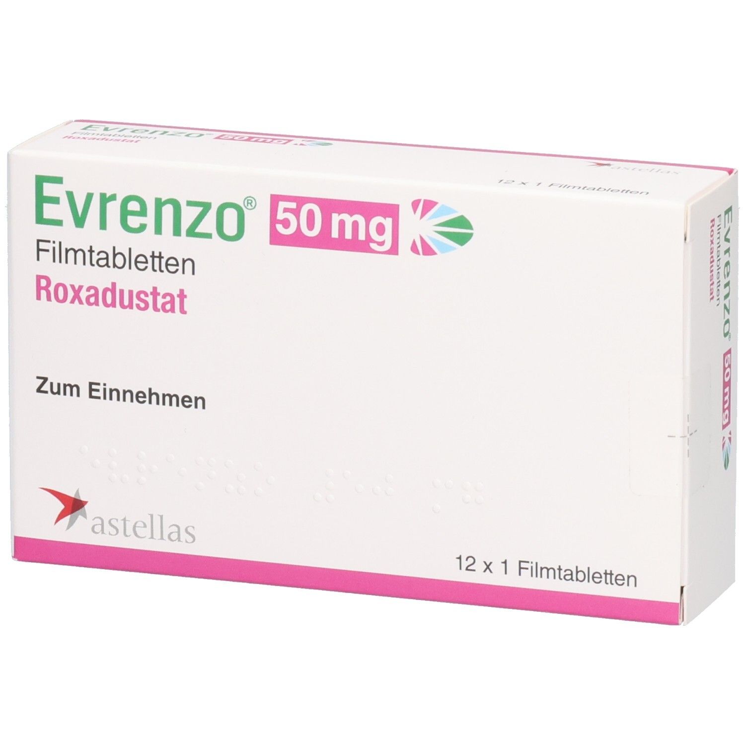 Schachtel mit EVRENZO 50 mg Filmtabletten. Aufschrift: Roxadustat, Zum Einnehmen. Astellas-Logo. 12 x 1 Filmtabletten.