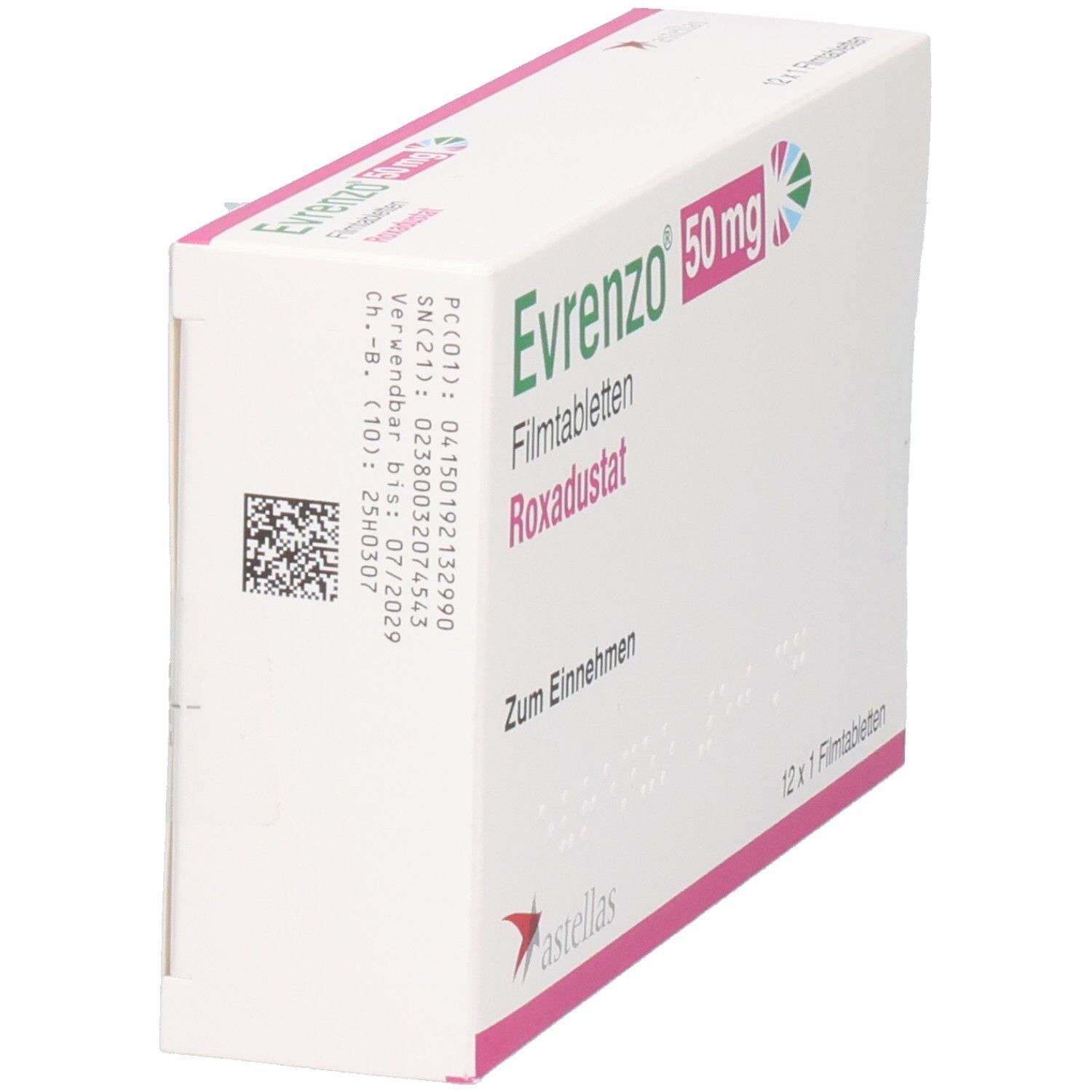 Schachtel EVRENZO 50 mg. Aufschrift: Roxadustat, Zum Einnehmen. Barcode und weitere Informationen. Astellas-Logo. Seitenansicht.