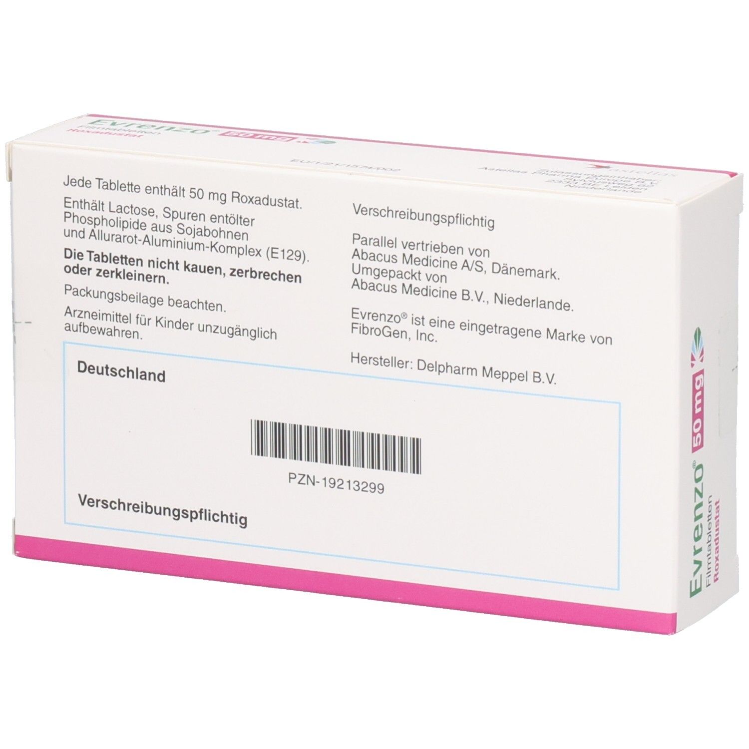 Rückseite der EVRENZO 50 mg Schachtel. Text: Roxadustat, Verschreibungspflichtig. Herstellerinformationen. Barcode und weitere Angaben.