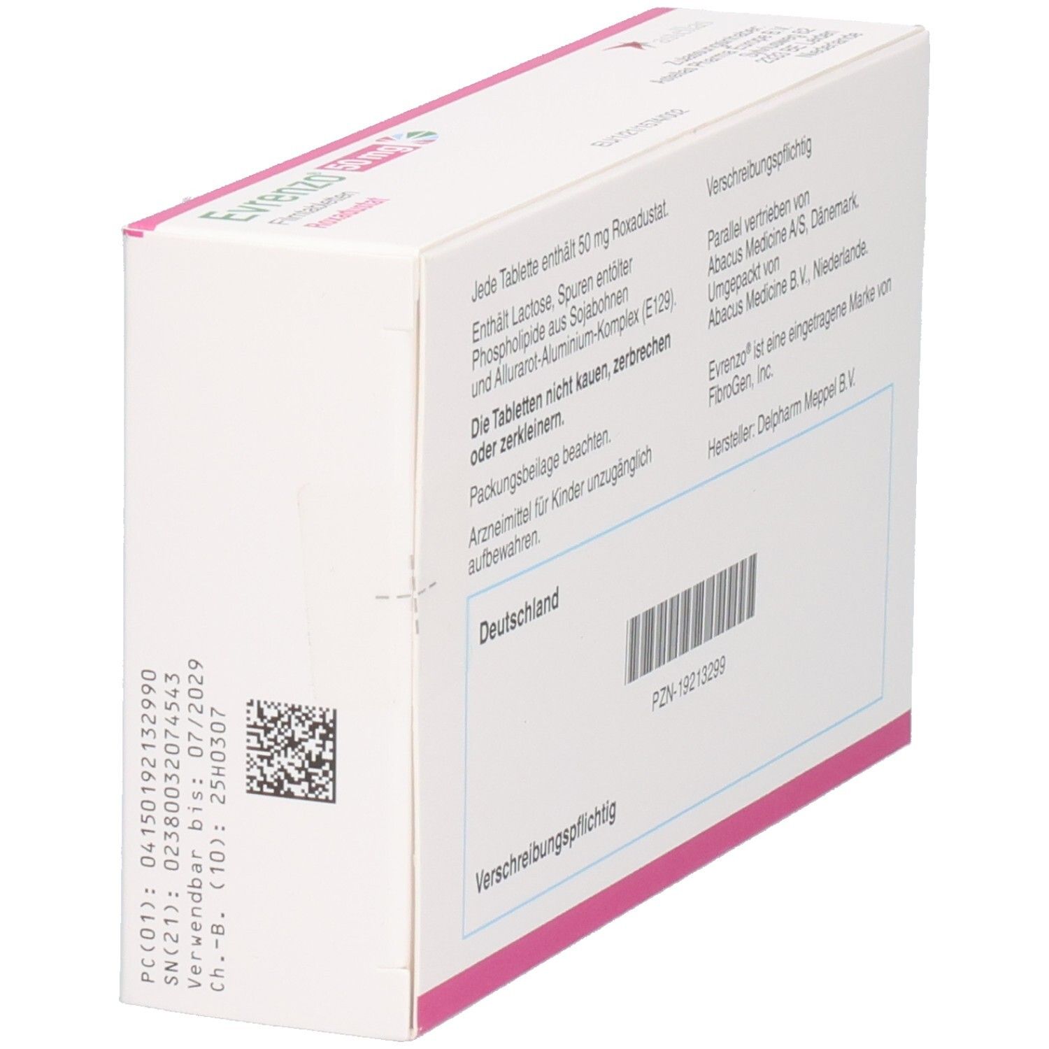 Seitenansicht der EVRENZO 50 mg Schachtel. Text: Roxadustat, Verschreibungspflichtig. Barcode und weitere Angaben. Herstellerinformationen.
