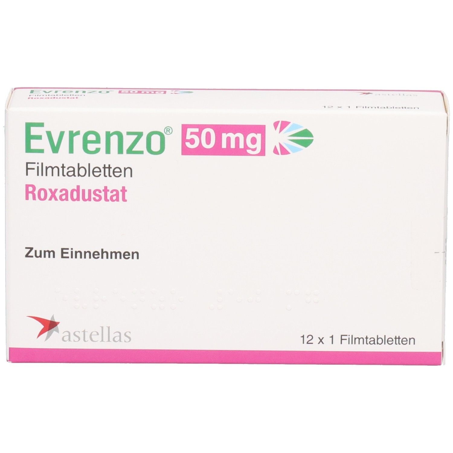 Schachtel mit EVRENZO 50 mg Filmtabletten. Aufschrift: Roxadustat, Zum Einnehmen. Astellas-Logo. 12 x 1 Filmtabletten. Vorderansicht.