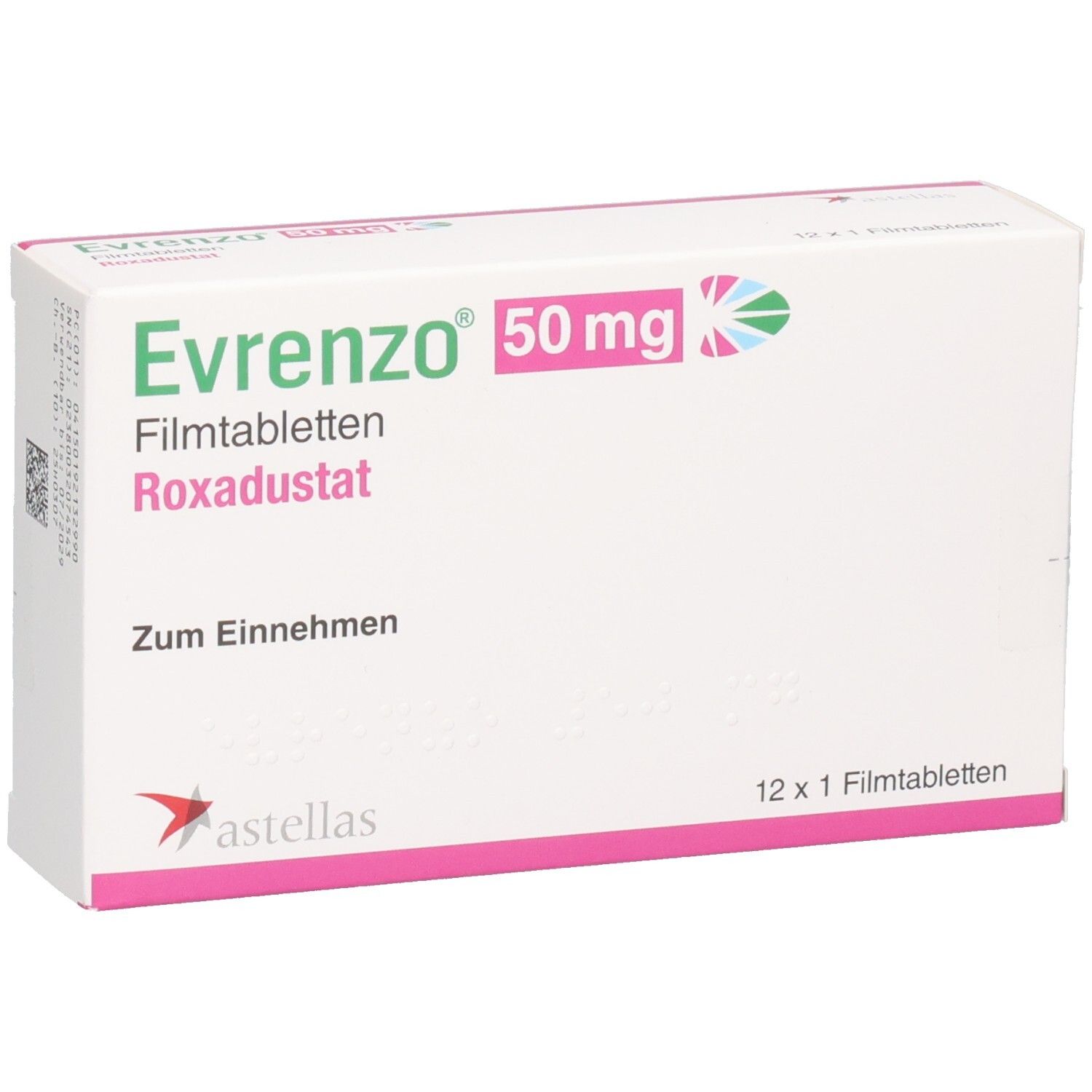 Schachtel mit EVRENZO 50 mg Filmtabletten. Aufschrift: Roxadustat, Zum Einnehmen. Astellas-Logo. 12 x 1 Filmtabletten. Vorderansicht.