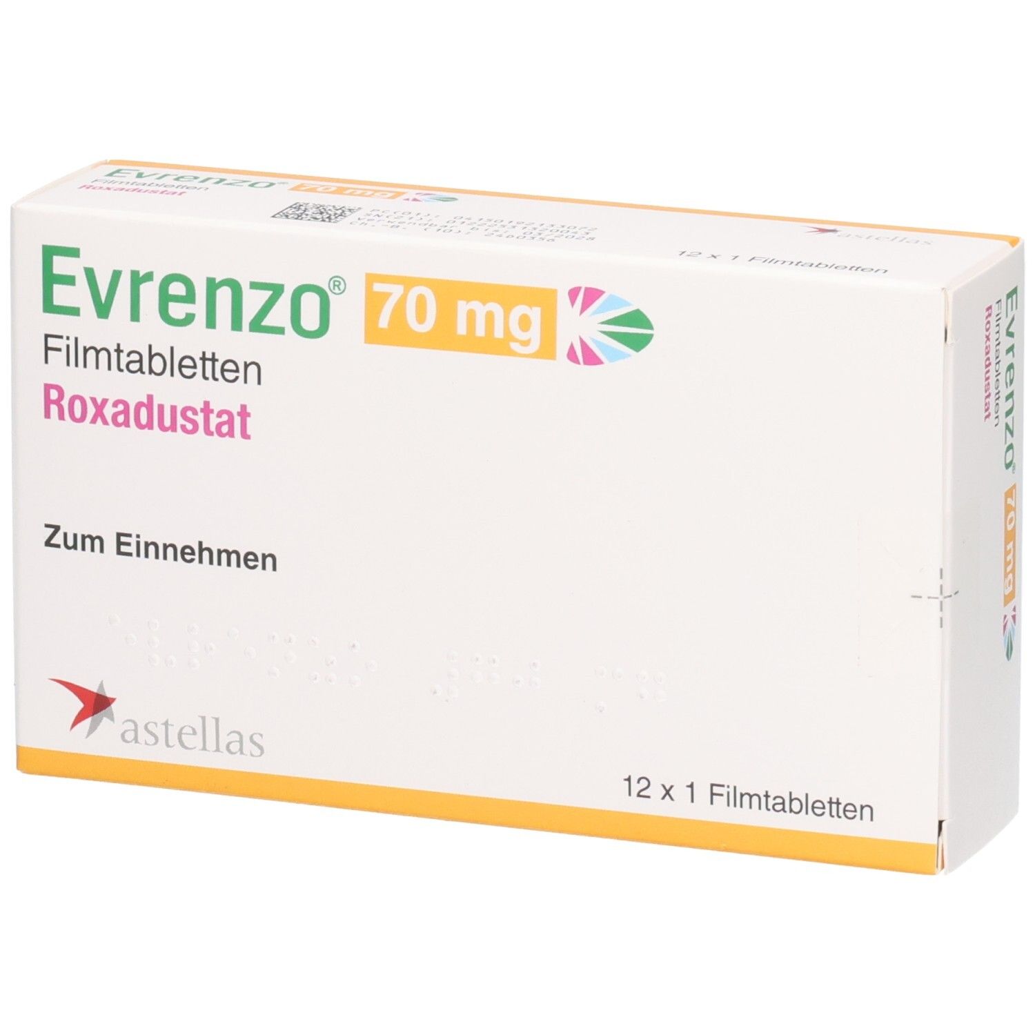 Evrenzo 70 mg Filmtabletten Roxadustat Verpackung, 12 x 1 Filmtabletten.