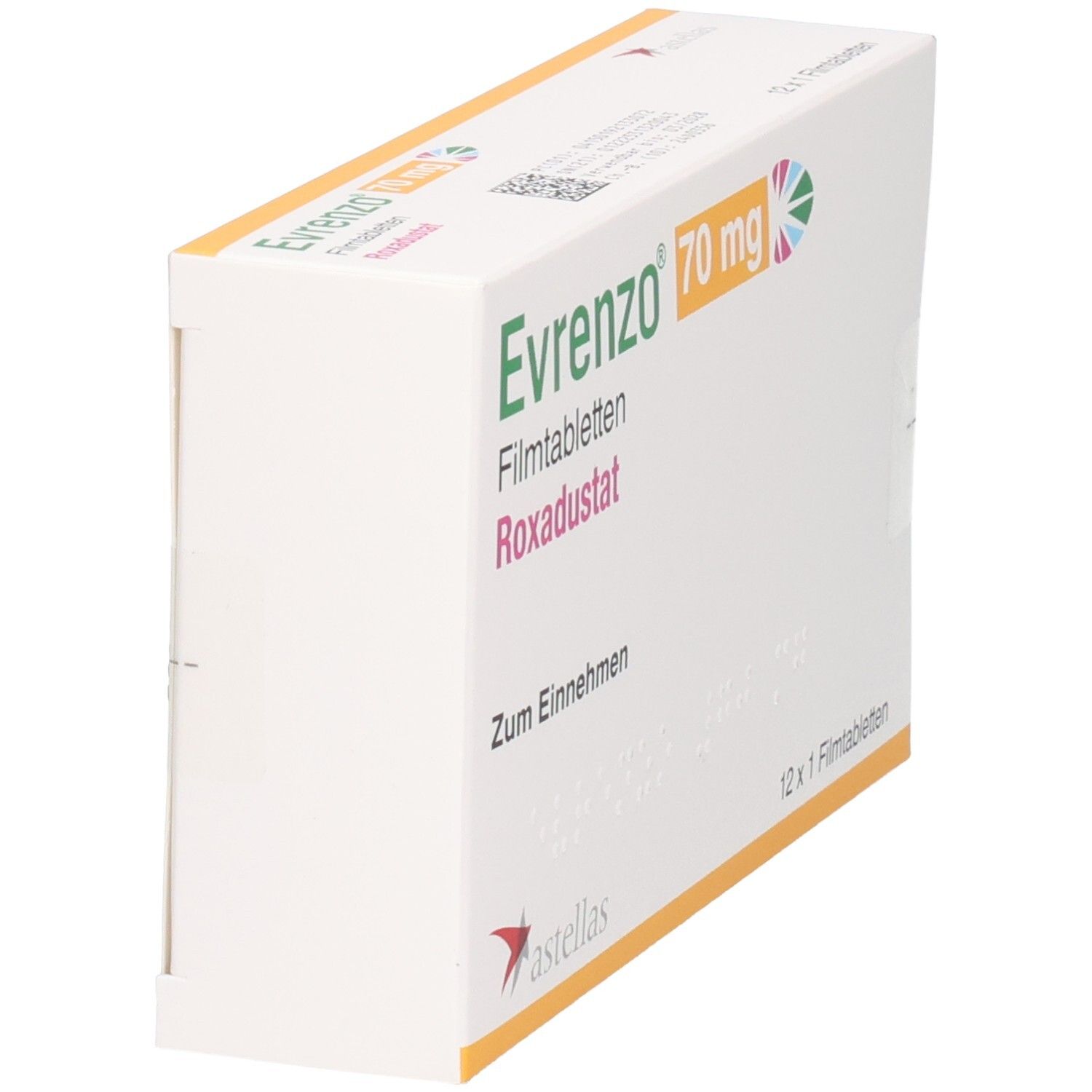Evrenzo 70 mg Filmtabletten Roxadustat Verpackung, Seitenansicht.