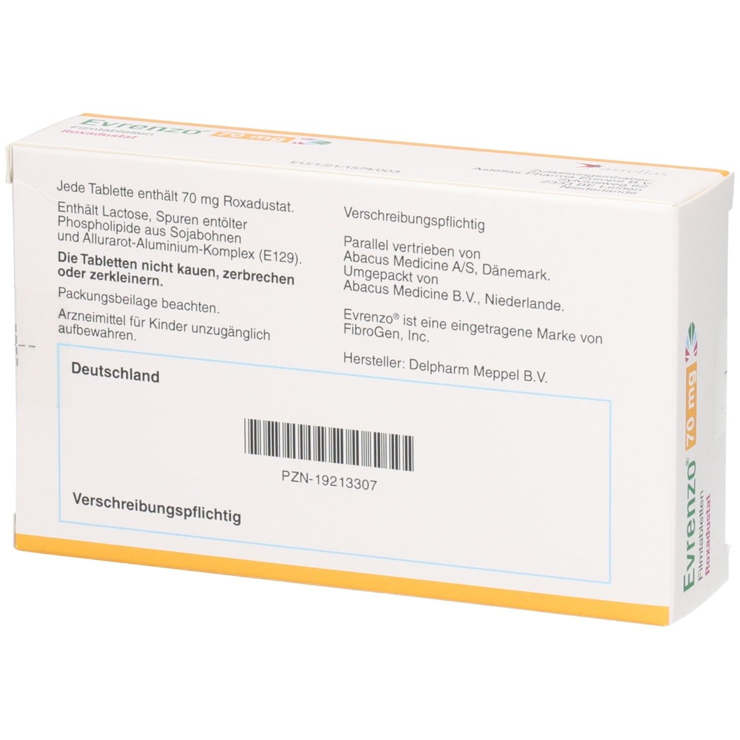 Rückseite der Evrenzo 70 mg Filmtabletten Roxadustat Verpackung mit Informationen.