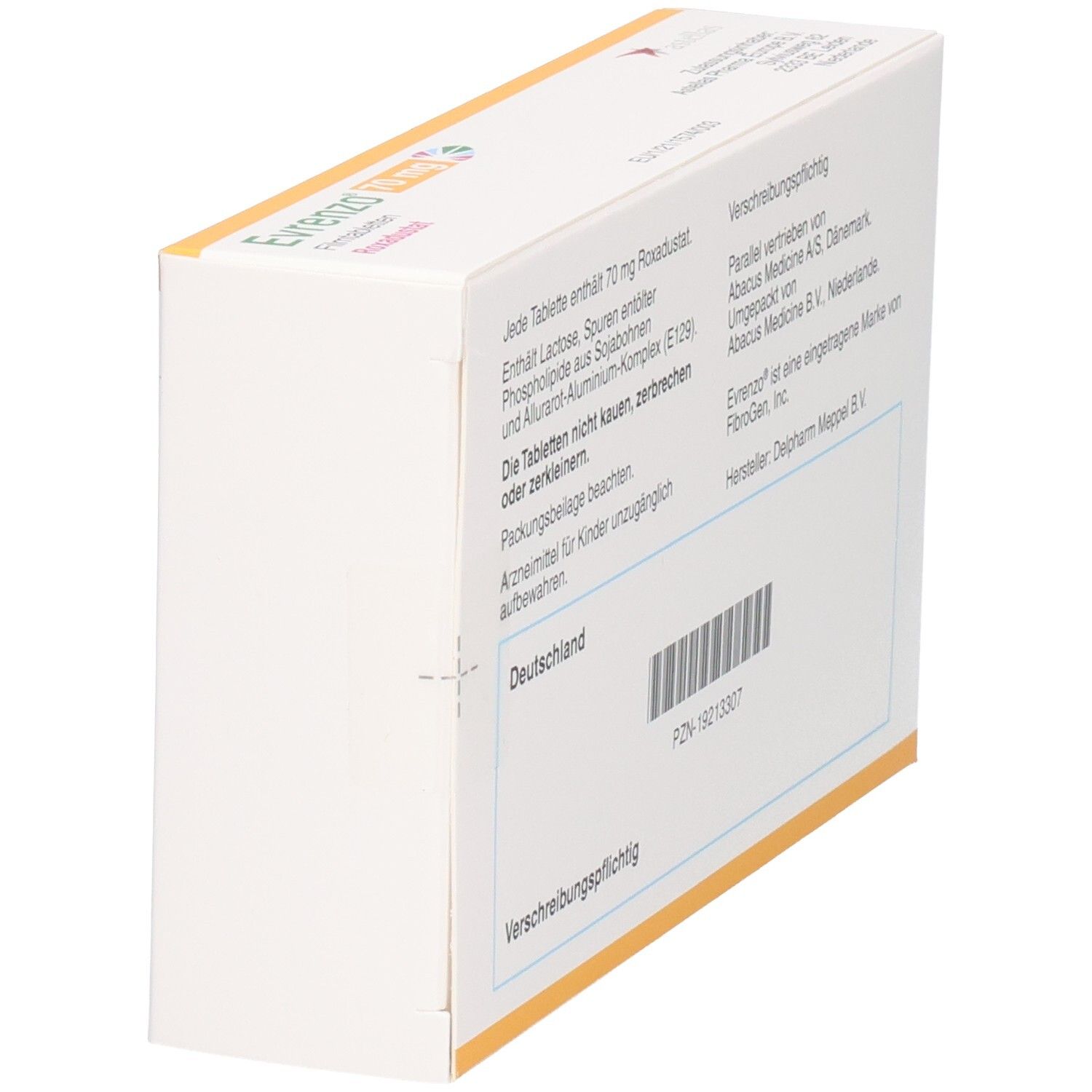 Evrenzo 70 mg Filmtabletten Roxadustat Verpackung, Rückseitenansicht.