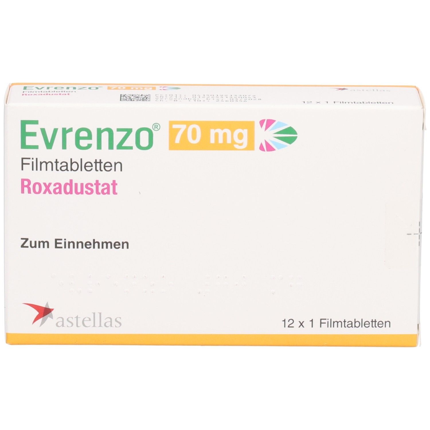 Evrenzo 70 mg Filmtabletten Roxadustat Verpackung, 12 x 1 Filmtabletten.