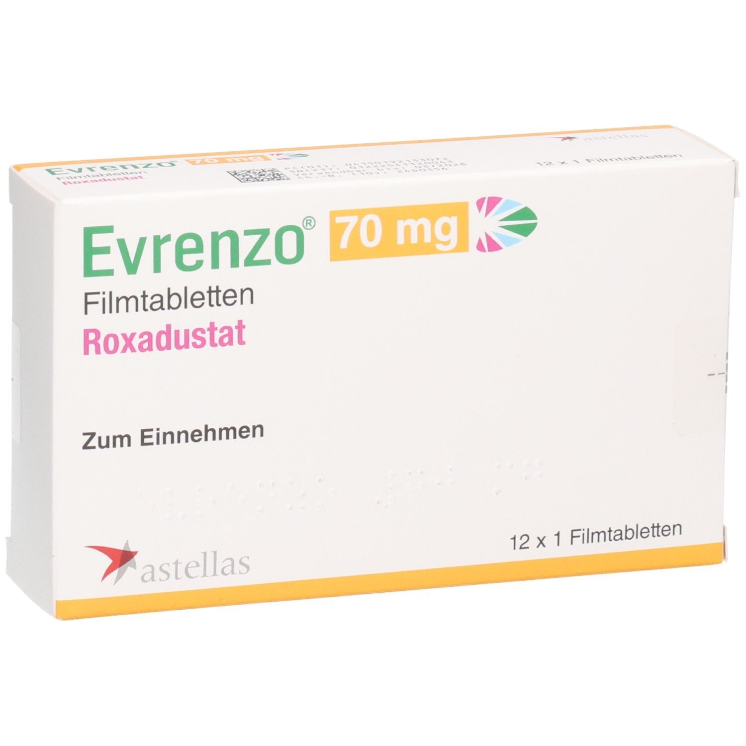 Evrenzo 70 mg Filmtabletten Roxadustat Verpackung, 12 x 1 Filmtabletten.