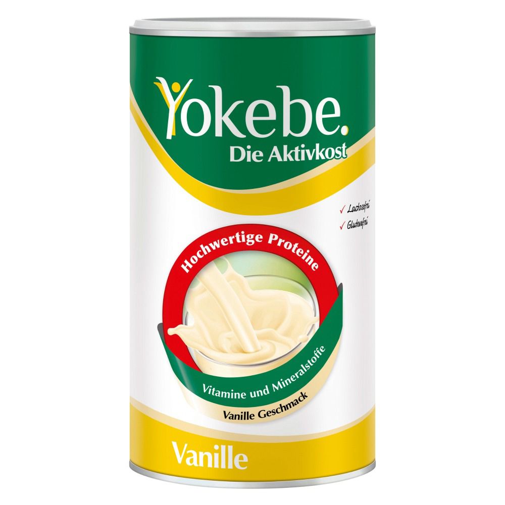 Zylindrische Dose Yokebe Vanille. Grün-weißes Design mit Logo und Produktinformationen. Enthält Vitamine und Mineralstoffe.