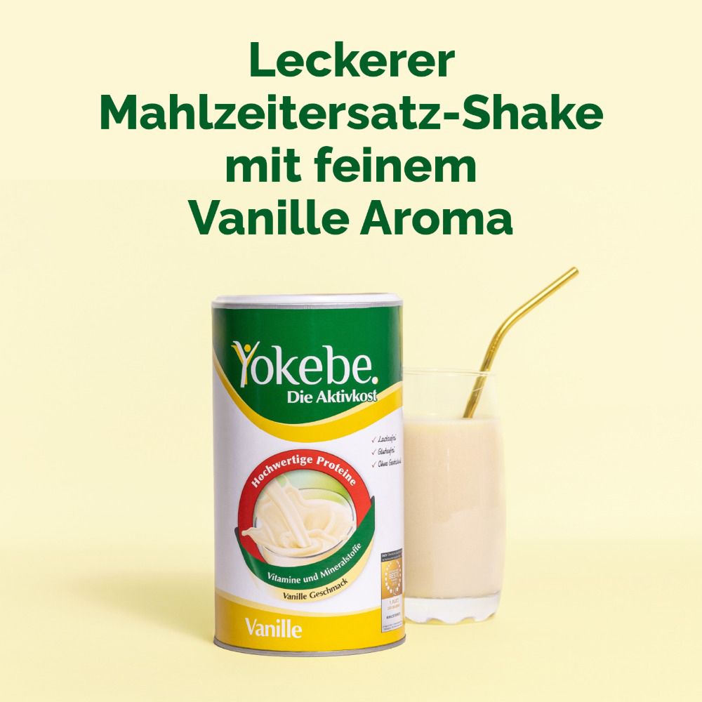 Dose Yokebe Vanille und Glas mit Shake. Goldener Strohhalm. Text: Leckerer Mahlzeitersatz-Shake mit feinem Vanille Aroma.