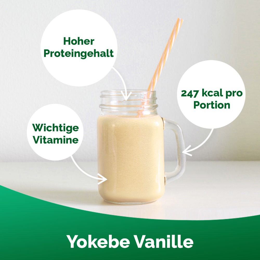 Glas mit Shake und Strohhalm. Text: Hoher Proteingehalt, wichtige Vitamine, 247 kcal pro Portion. Yokebe Vanille.