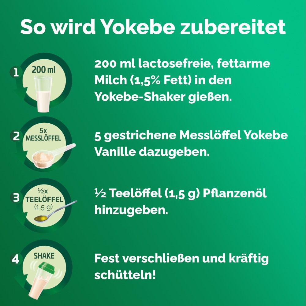 Anleitung zur Zubereitung von Yokebe: Milch, Messlöffel, Öl, schütteln. Text: 200 ml Milch, 5 Messlöffel, 1/2 TL Öl.