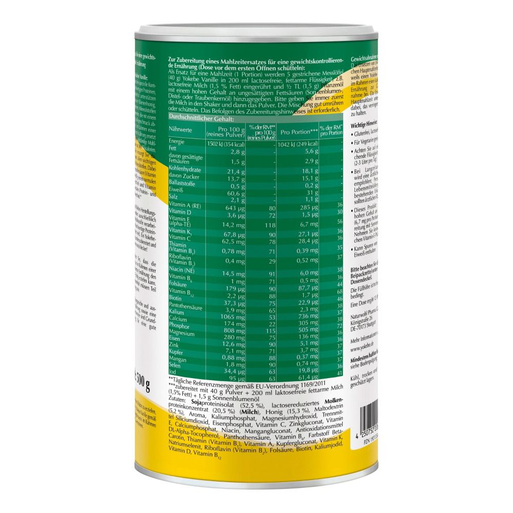 Rückseite Dose Yokebe Vanille. Nährwerttabelle, Zutatenliste, Herstellerinformationen. Text: 500g.