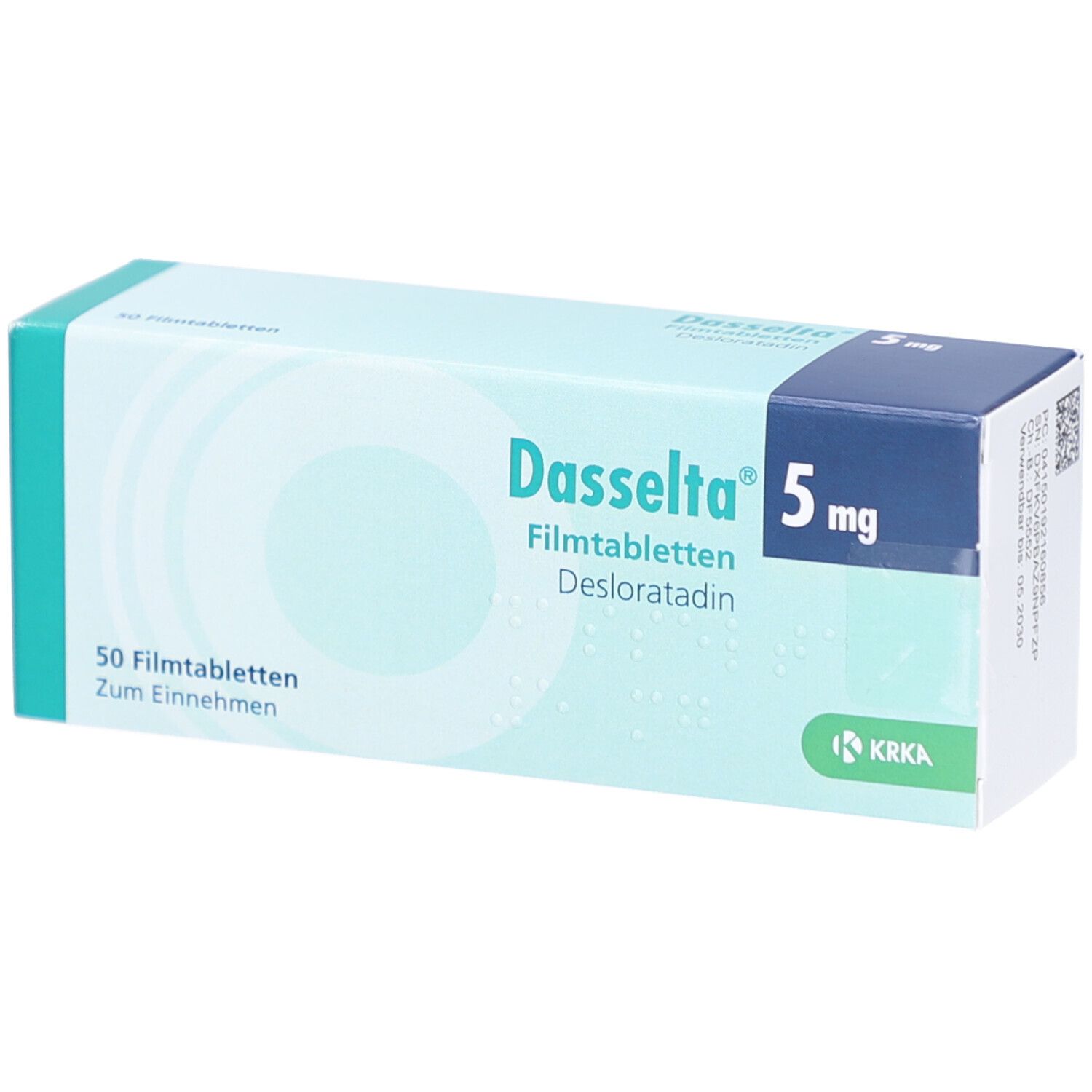 Schachtel mit DASSELTA 5 mg Filmtabletten. Aufschrift: 50 Filmtabletten, Desloratadin. Marke und Dosierung deutlich sichtbar.