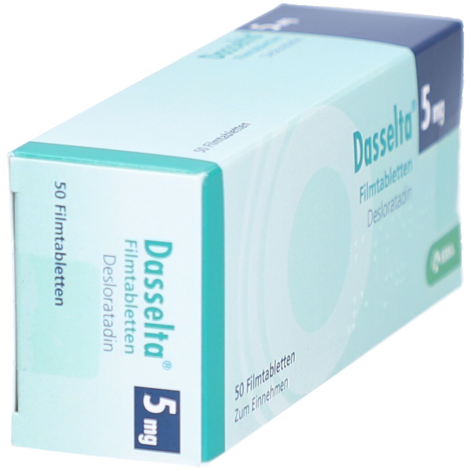 Schachtel mit DASSELTA 5 mg Filmtabletten. Aufschrift: 50 Filmtabletten, Desloratadin. Marke und Dosierung deutlich sichtbar.