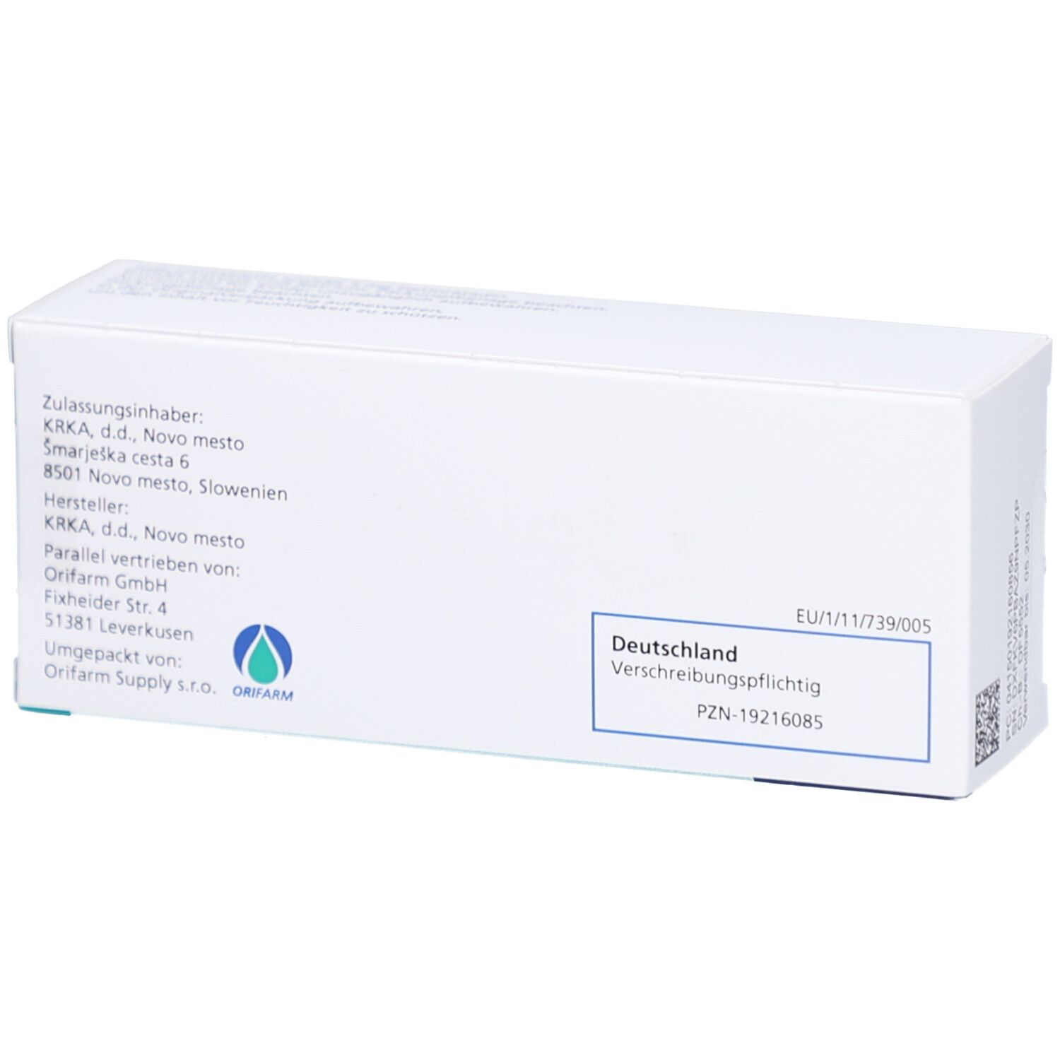 Rückseite der Schachtel mit Informationen. Text: Zulassungsinhaber, Hersteller, Vertrieb, Deutschland. PZN-19216085.