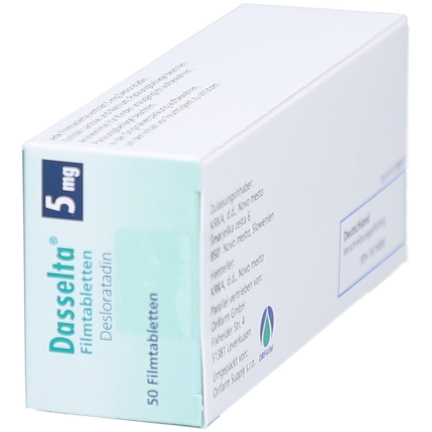 Schachtel mit DASSELTA 5 mg Filmtabletten. Aufschrift: 50 Filmtabletten, Desloratadin. Marke und Dosierung deutlich sichtbar.