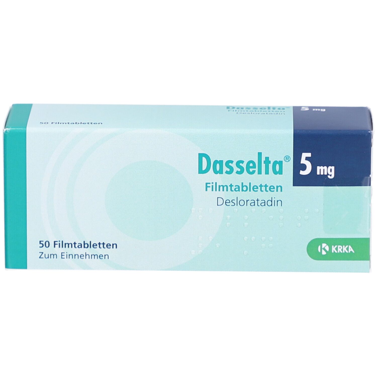 Schachtel mit DASSELTA 5 mg Filmtabletten. Aufschrift: 50 Filmtabletten, Desloratadin. Marke und Dosierung deutlich sichtbar.