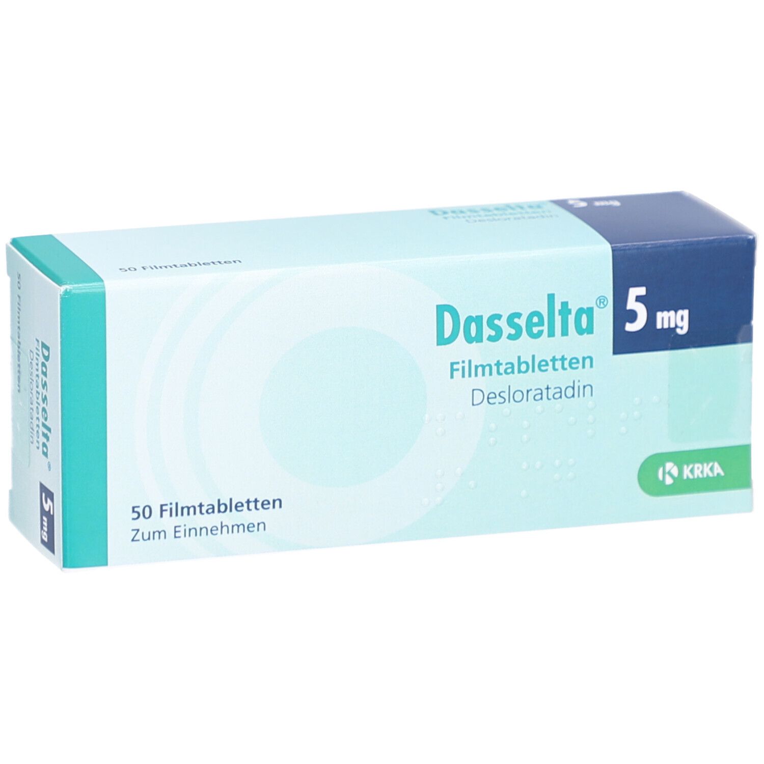 Schachtel mit DASSELTA 5 mg Filmtabletten. Aufschrift: 50 Filmtabletten, Desloratadin. Marke und Dosierung deutlich sichtbar.
