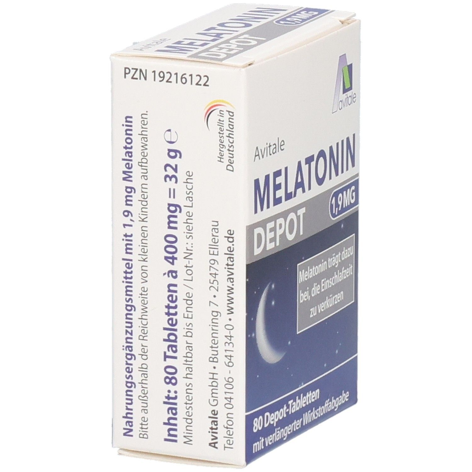 Schachtel mit MELATONIN DEPOT 1,9 MG Tabletten. 80 Tabletten. Herstellerinformationen. Avitale Logo.