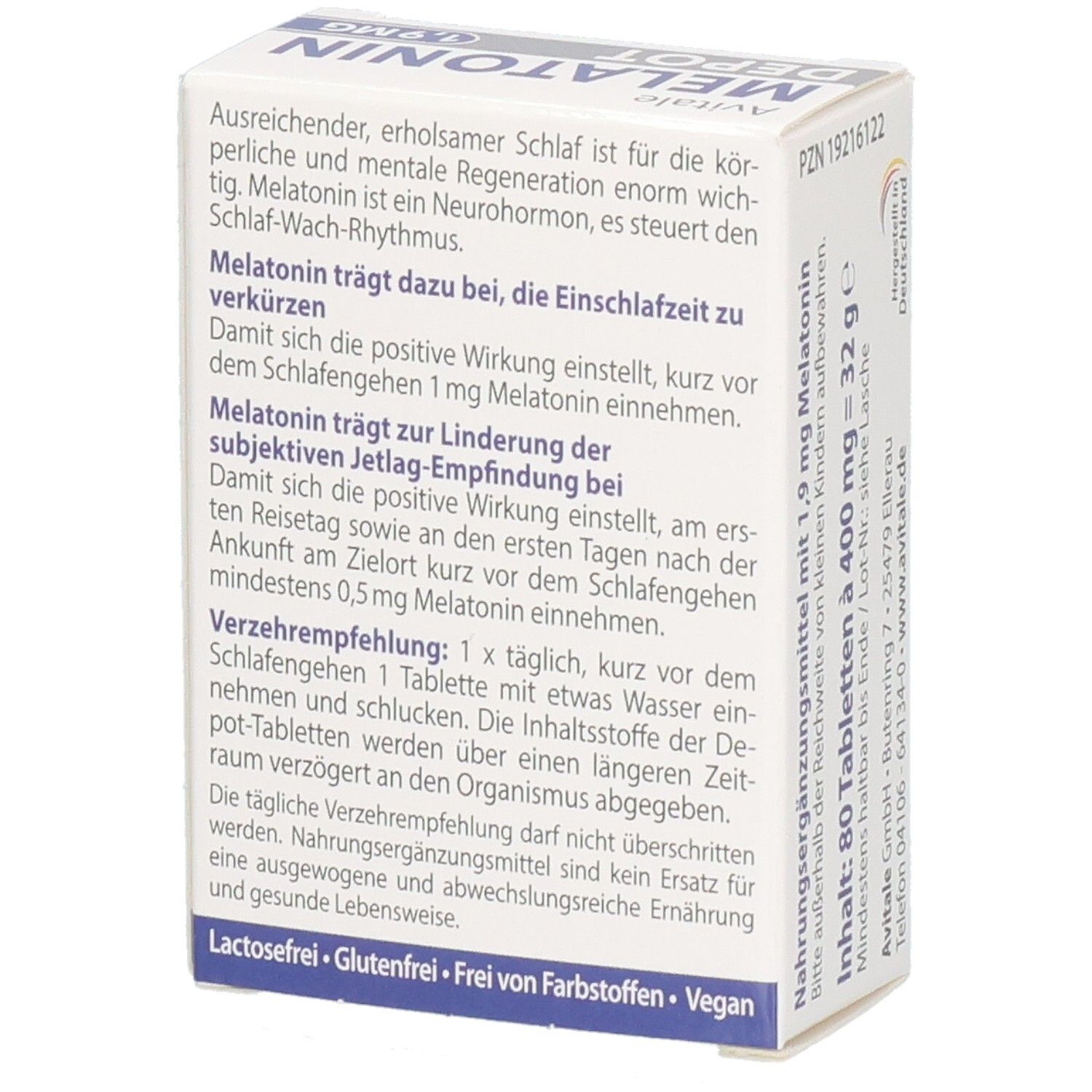 Rückseite der Schachtel mit MELATONIN DEPOT 1,9 MG Tabletten. Textinformationen. Avitale Logo.
