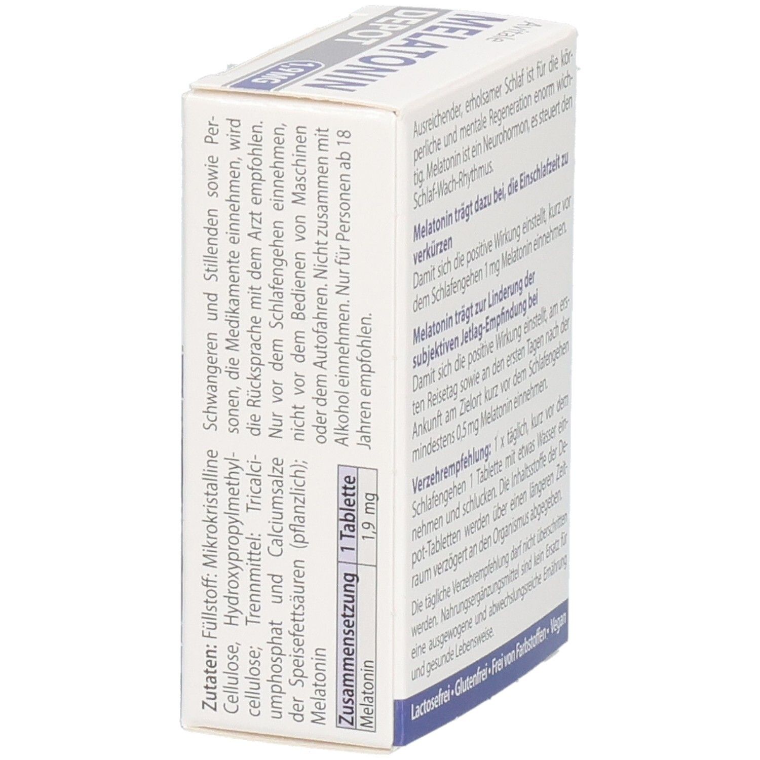 Seitenansicht der Schachtel mit MELATONIN DEPOT 1,9 MG Tabletten. Textinformationen. Zutatenliste.