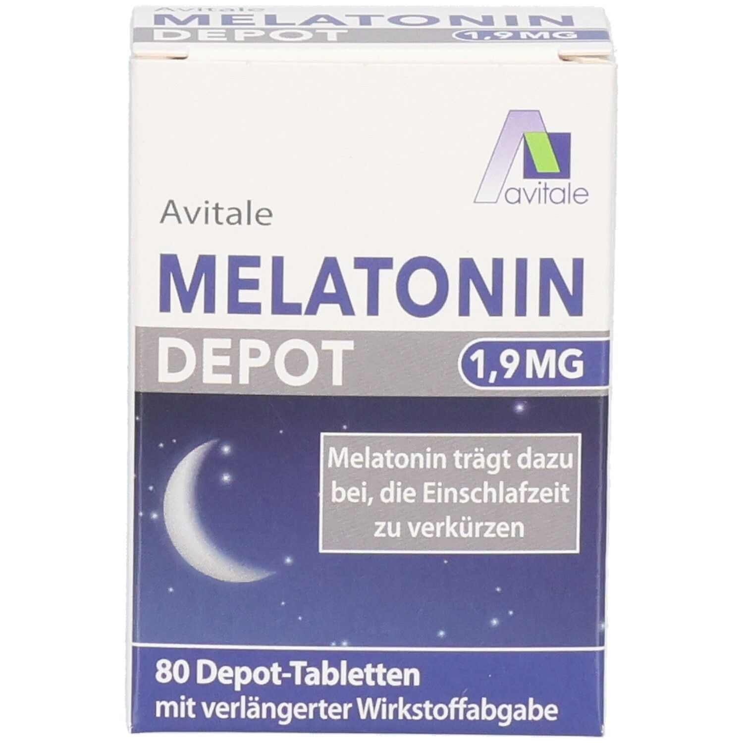 Schachtel mit MELATONIN DEPOT 1,9 MG Tabletten. 80 Tabletten. Mond- und Sternenmotiv. Avitale Logo.