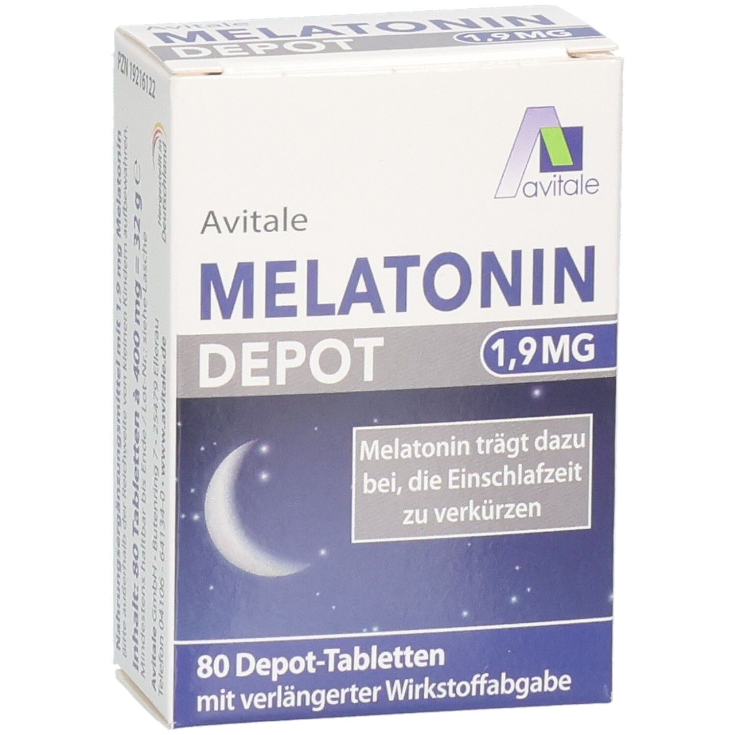 Schachtel mit MELATONIN DEPOT 1,9 MG Tabletten. 80 Tabletten. Mond- und Sternenmotiv. Avitale Logo.