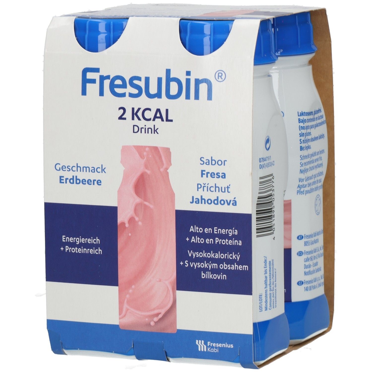 Packung mit vier Flaschen FRESUBIN 2 kcal Drink Erdbeere. Blaue Deckel, weißes Etikett mit Produktinformationen und Logo.