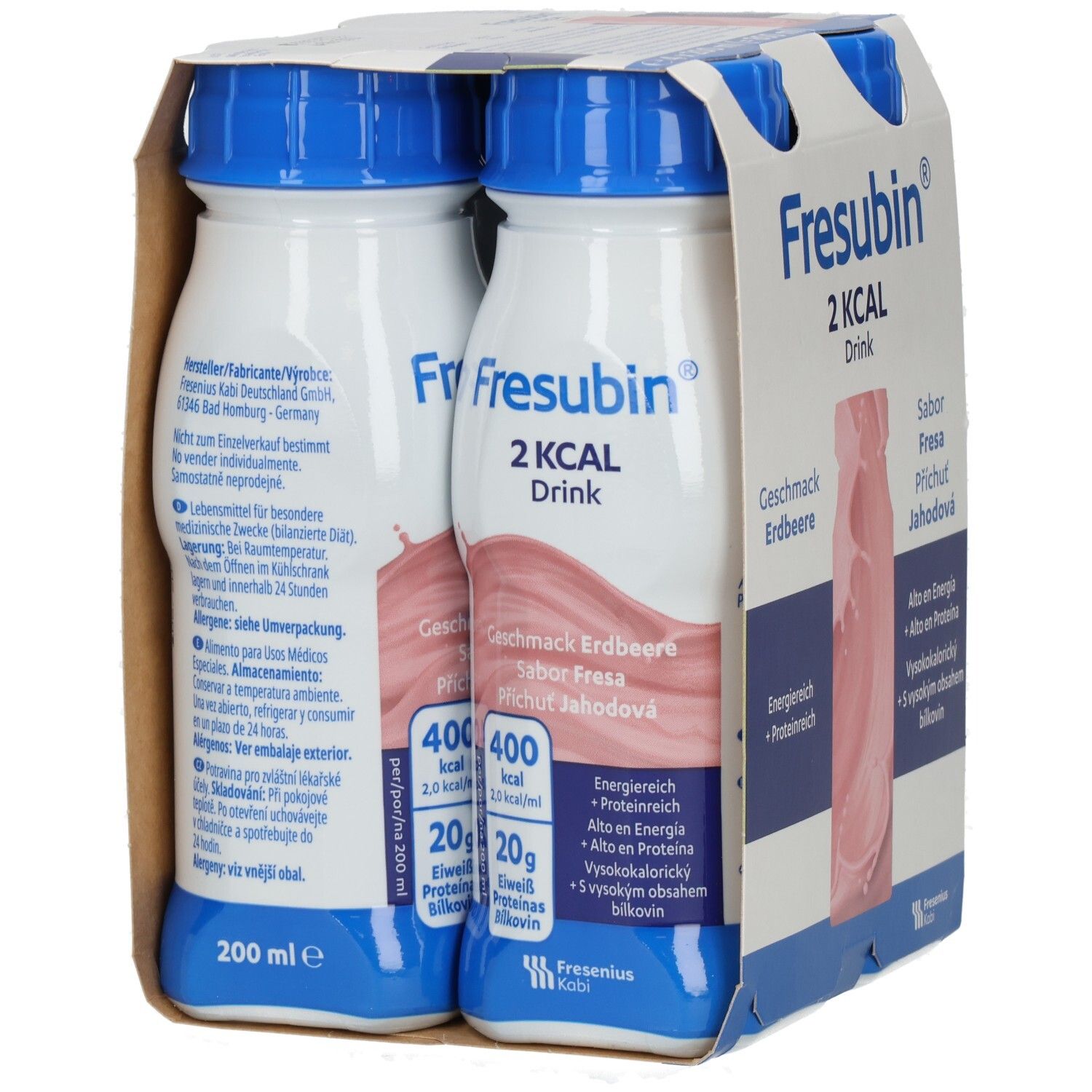 Packung mit vier Flaschen FRESUBIN 2 kcal Drink Erdbeere. Produktinformationen auf Etiketten, 200 ml pro Flasche.