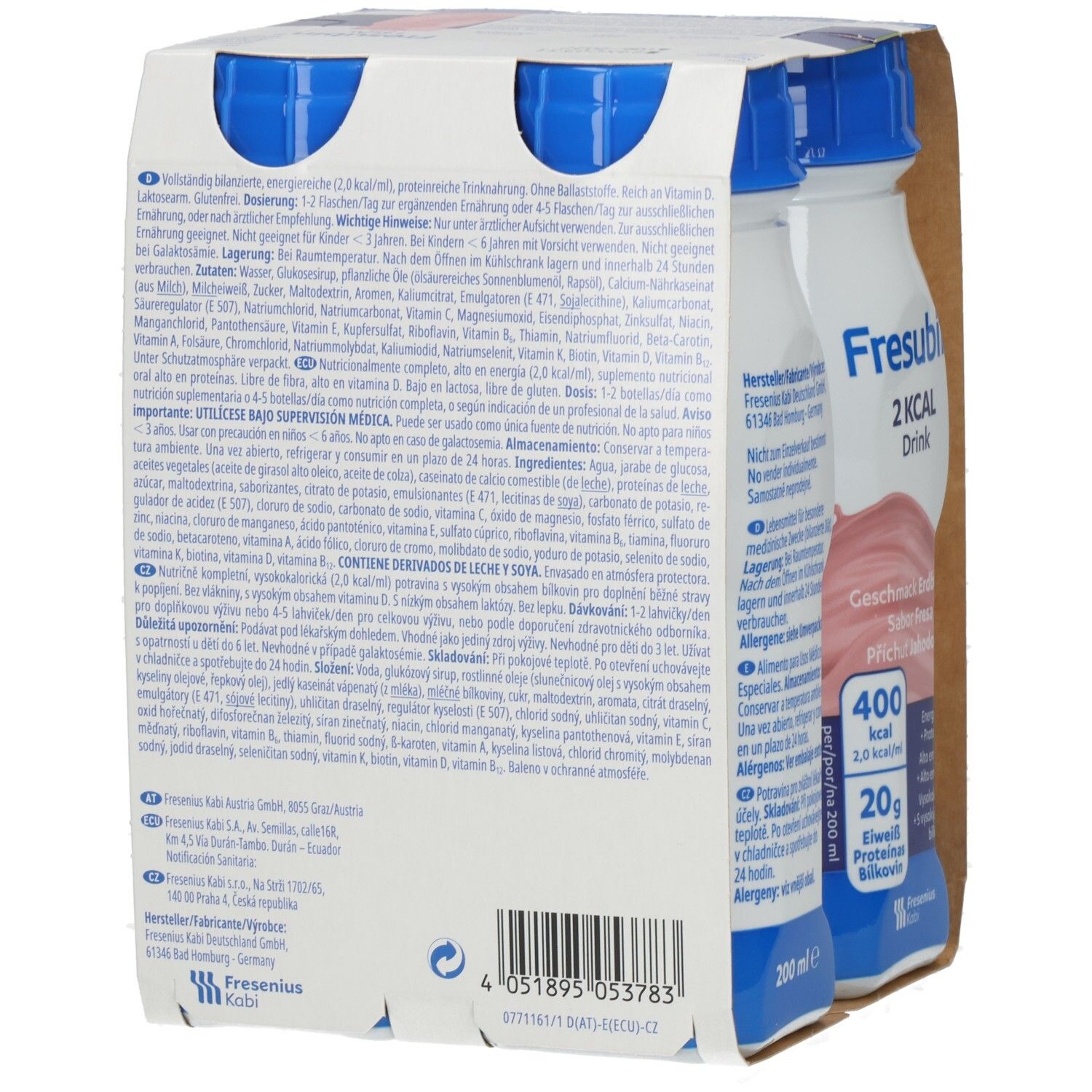 Rückseite der Packung mit vier Flaschen FRESUBIN 2 kcal Drink. Textinformationen, Nährwertangaben und Herstellerdetails.