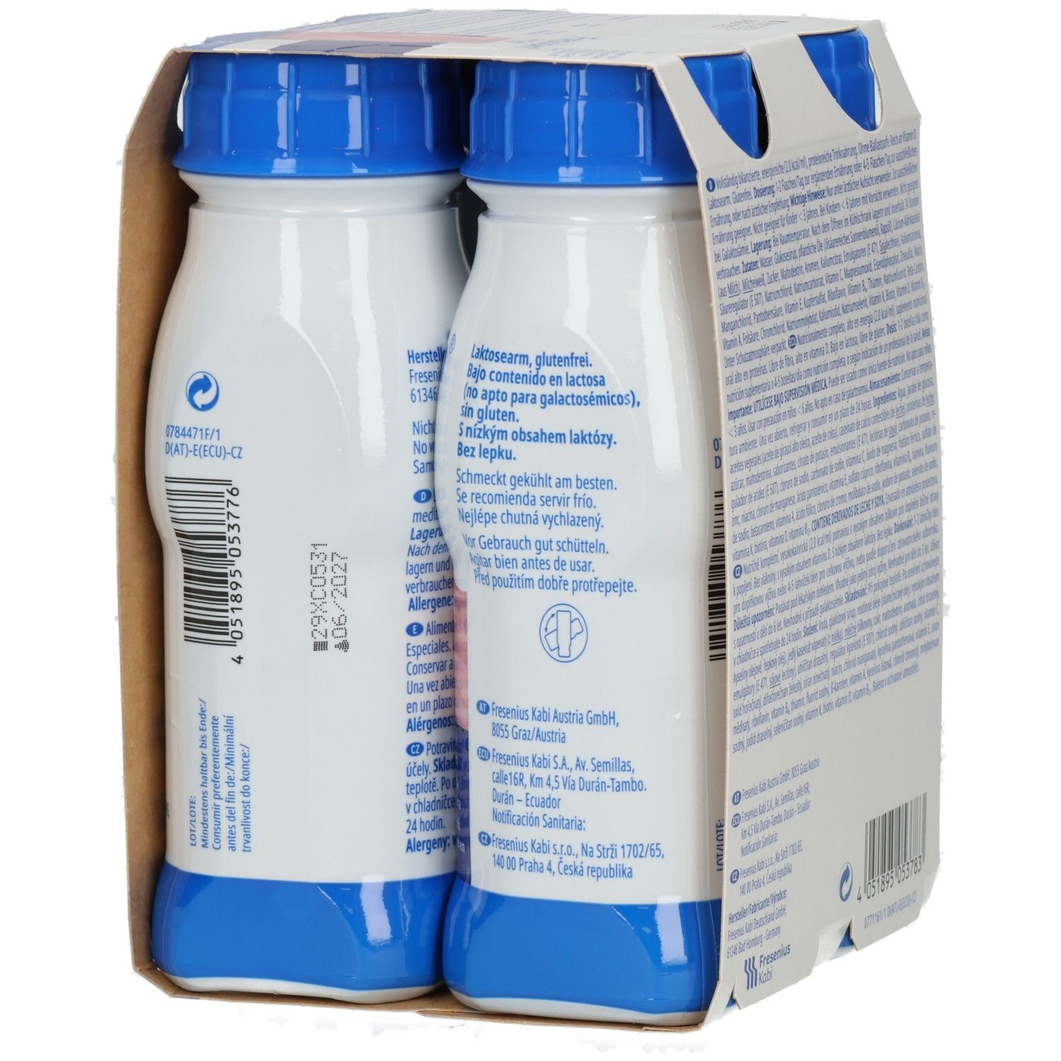Rückseite der Flaschen FRESUBIN 2 kcal Drink. Textinformationen, Haltbarkeitsdatum und Herstellerdetails.